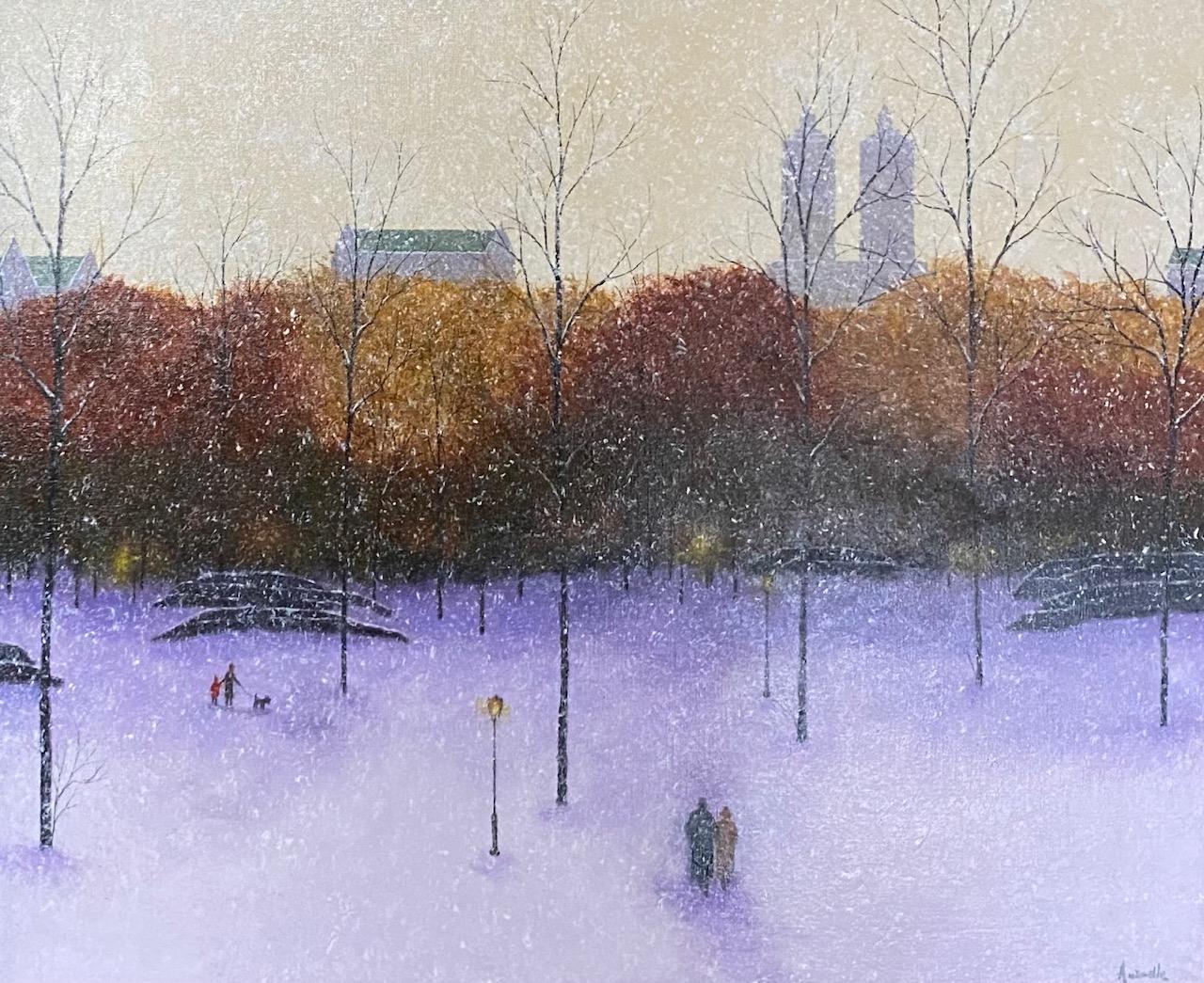 Winter Stroll, Central Park West, original 20x24 contemporary NYC landscape - Painting by Patrick Antonelle