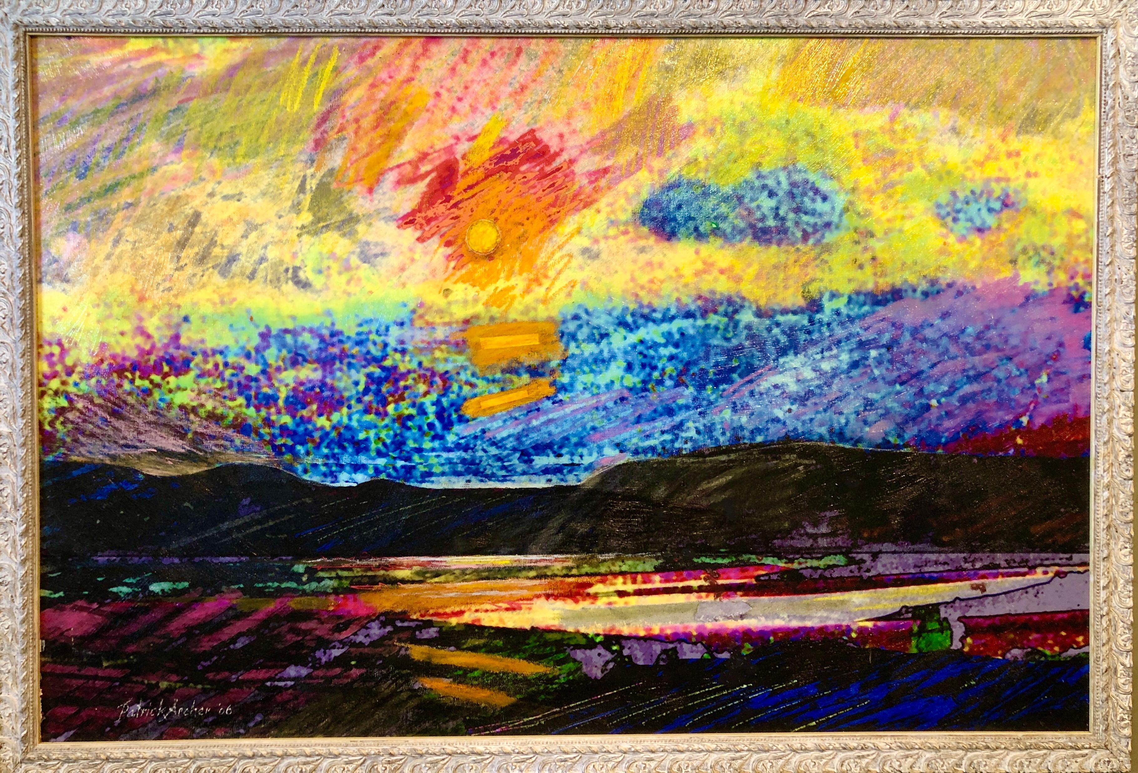 Peinture pop art moderniste multimédia vibrante Day Glo Collage Patrick Archer en vente 1