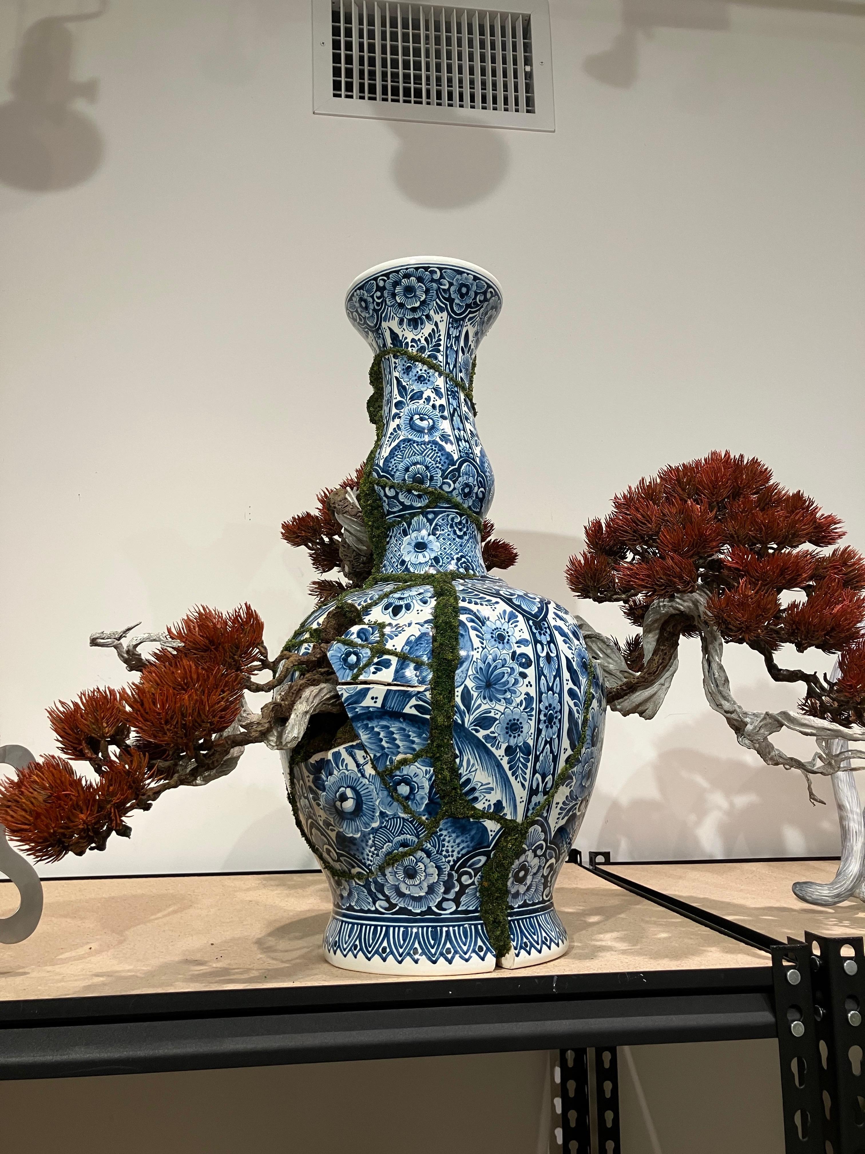 Red Pine Blues, Patrick Bergsma, Delftware, Bonzai Trees, Ceramic Sculpture For Sale 3
