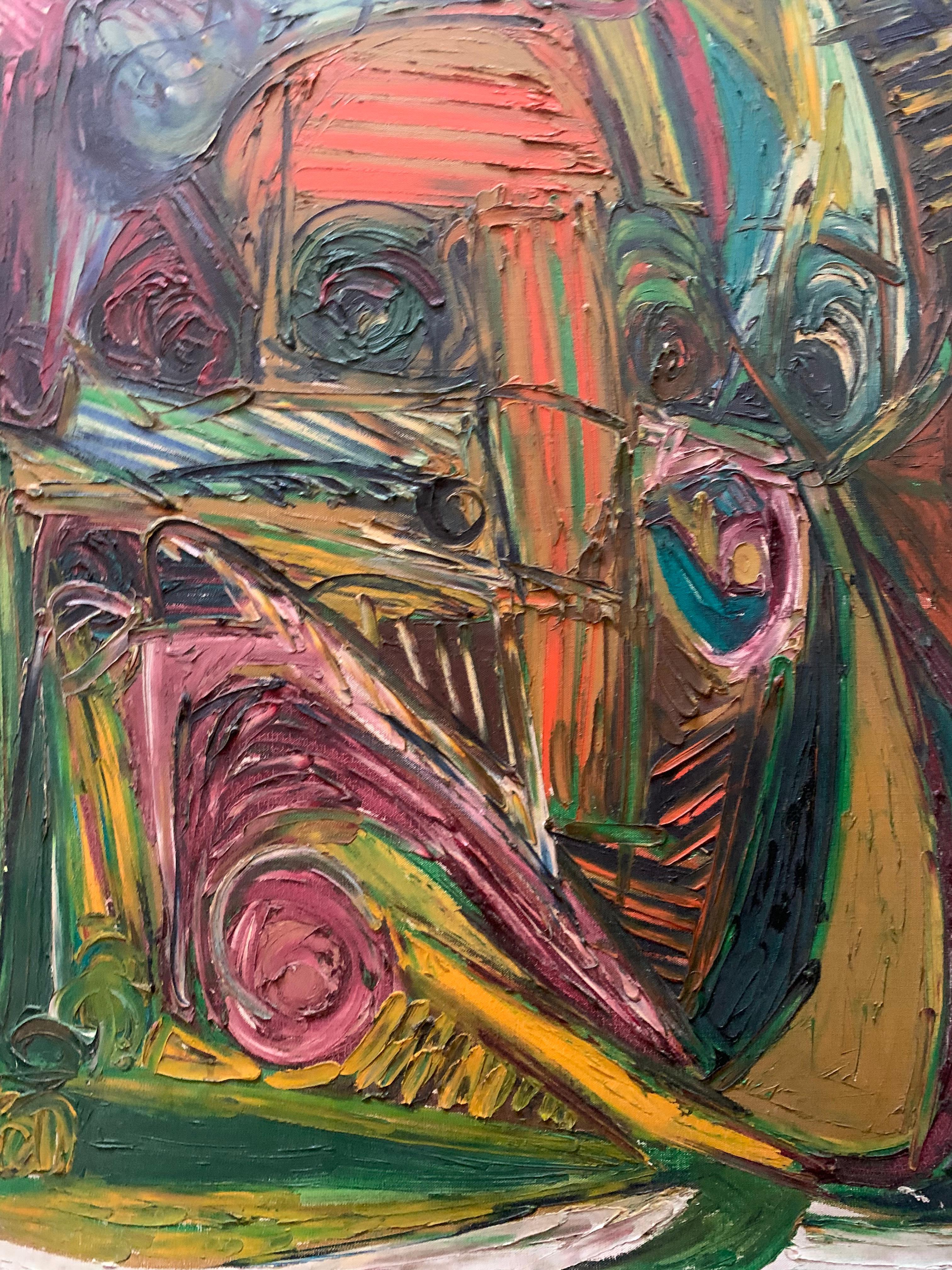 A geometric Play of Masks, Eyes and Lines. Post war Expressionist. 1970's. - Painting by Patrick Boudon