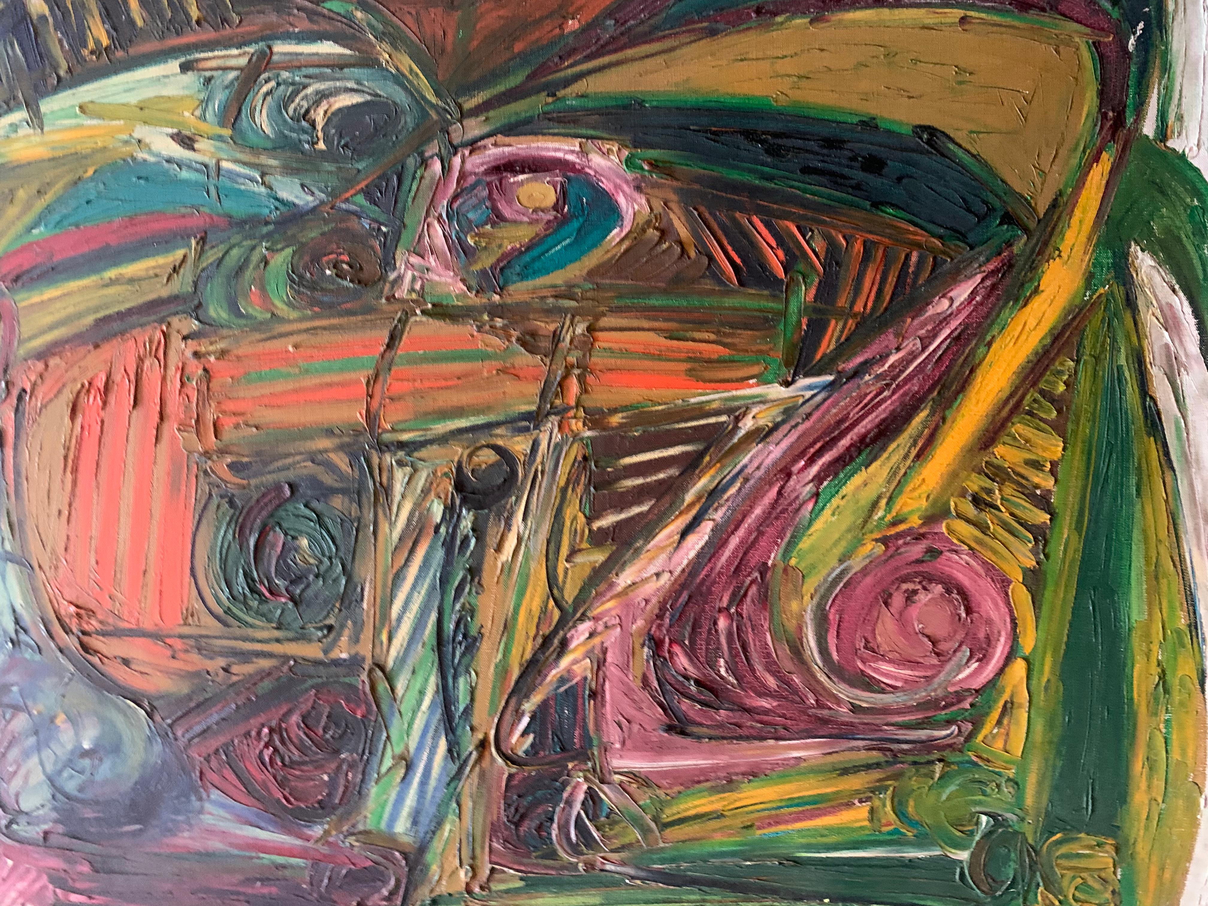 Un jeu géométrique de masques, d'yeux et de lignes. Expressionnisme d'après-guerre. 1970's. - Painting de Patrick Boudon