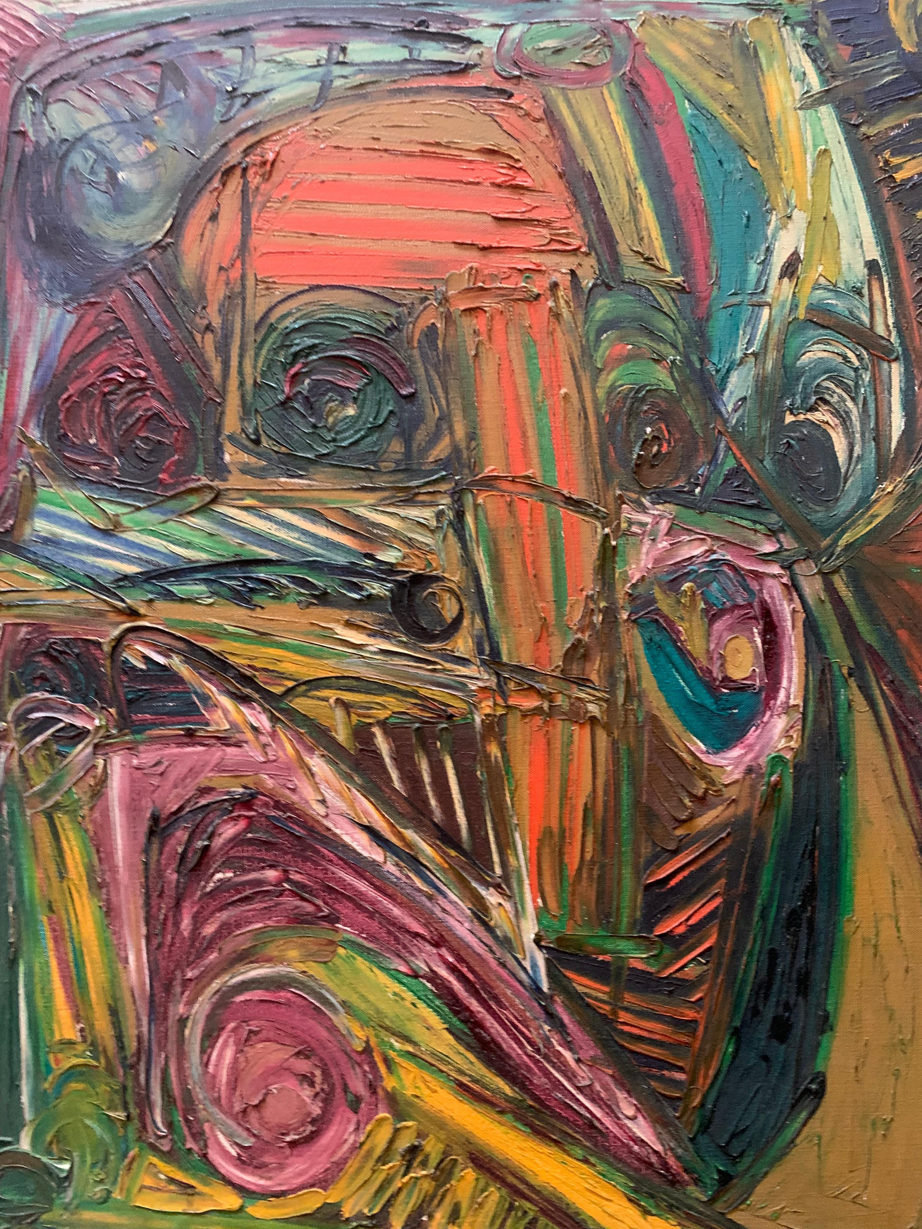 A geometric Play of Masks, Eyes and Lines. Post war Expressionist. 1970's. - Abstract Expressionist Painting by Patrick Boudon