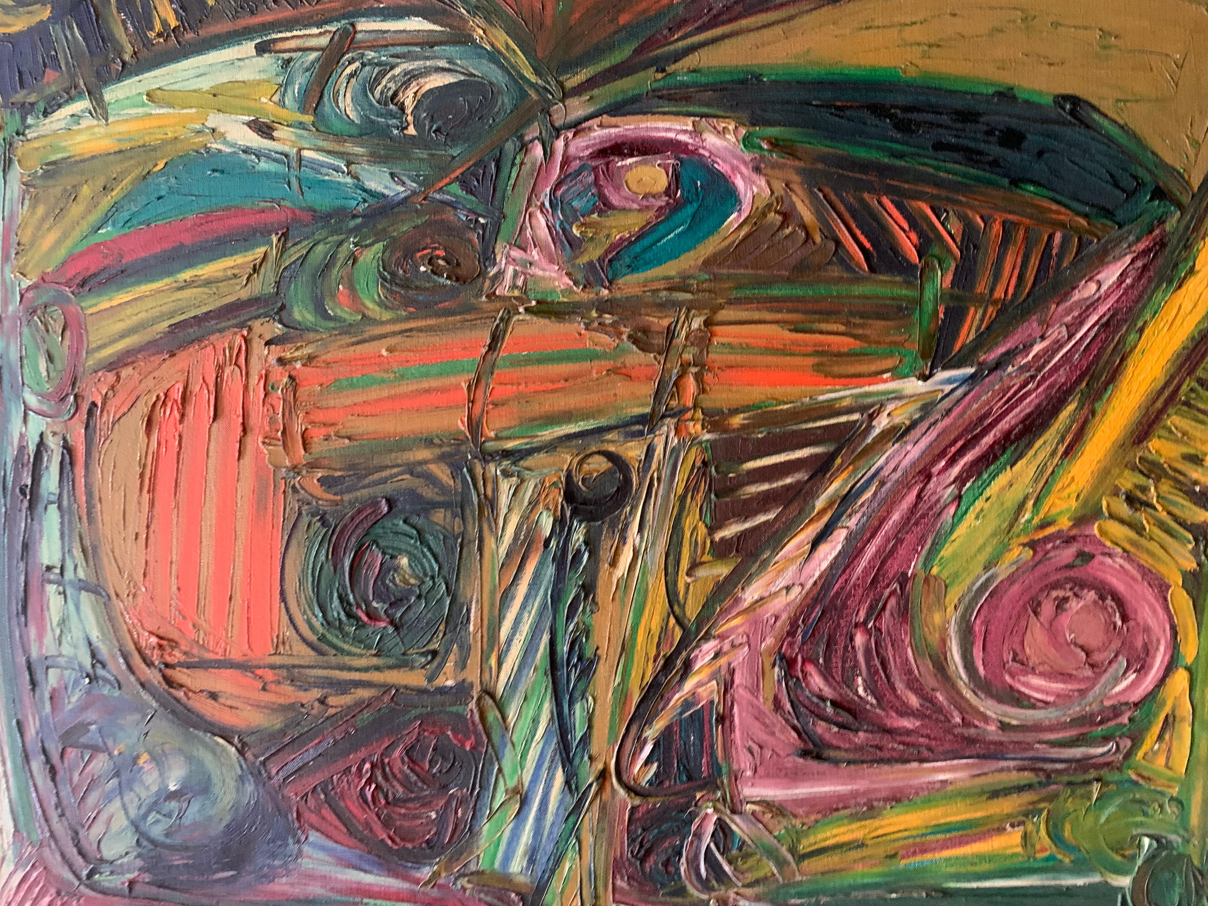 Ein geometrisches Spiel mit Masken, Augen und Linien. Nachkriegsexpressionist. 1970's. (Abstrakter Expressionismus), Painting, von Patrick Boudon