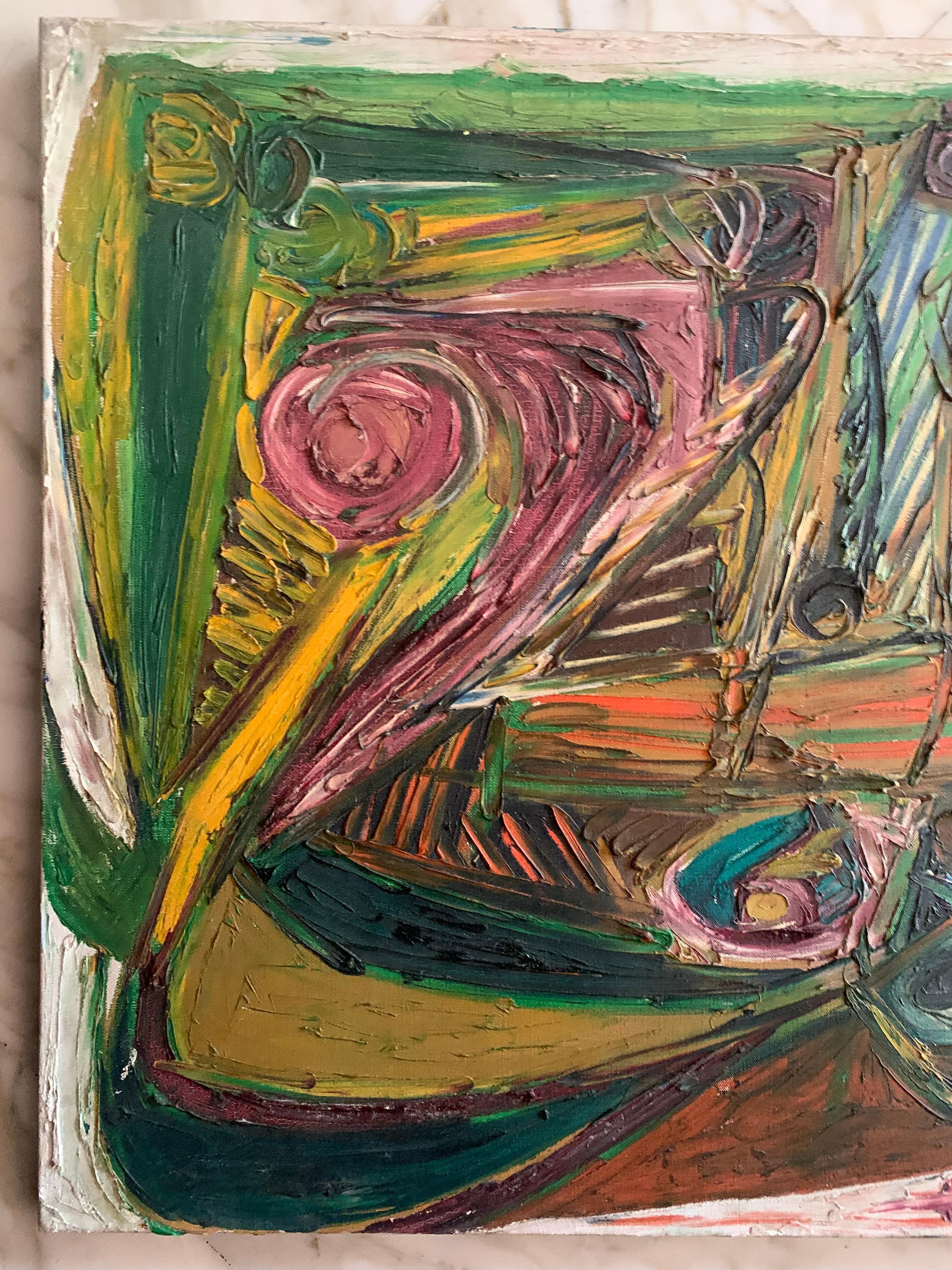 A Geometric Play of Masks, Eyes and Lines. 
Post war Expressionism.
1970's.
Patrick Boudon. 
Art Informel. Ecole de Paris. 
Technique: oil on canvas, very textural and colorful.
Patrick BOUDON (1944-2019), signed. 

Oil on canvas. 

This urban