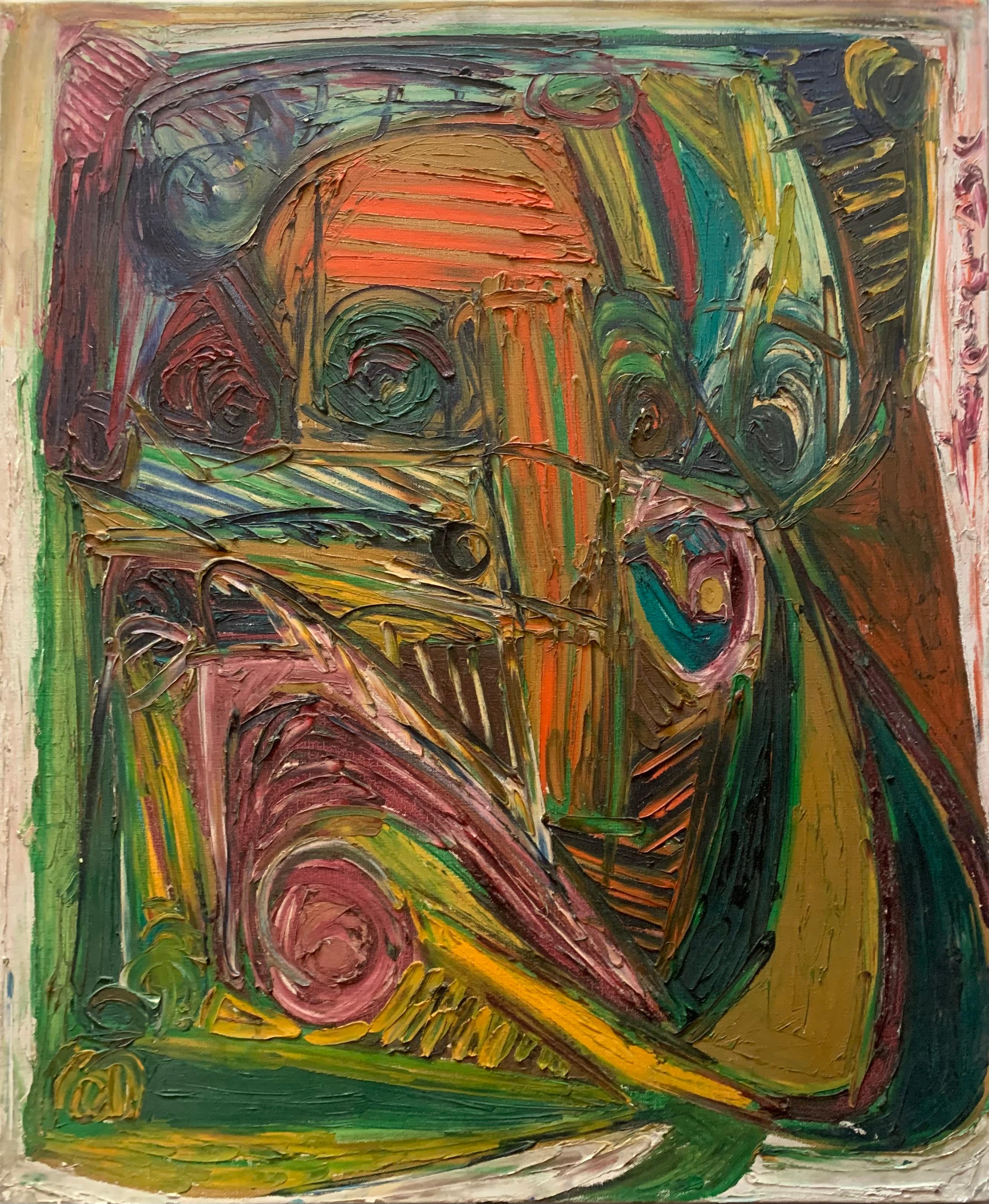 Patrick Boudon Abstract Painting – Ein geometrisches Spiel mit Masken, Augen und Linien. Nachkriegsexpressionist. 1970's.