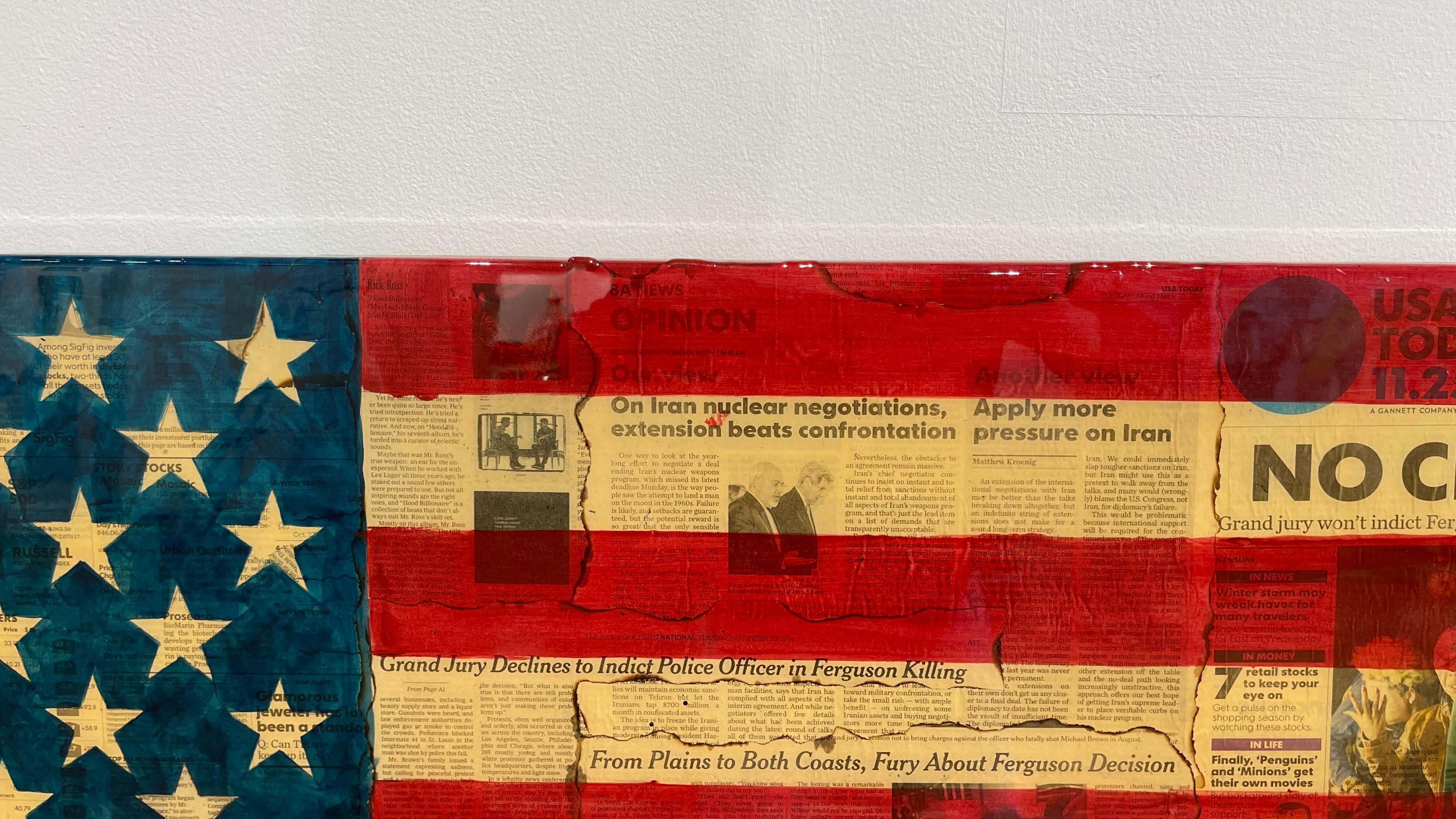 No Charges - American Flag Painting over Vintage Newsprint Photo Collage - Contemporary Mixed Media Art by Patrick Burns