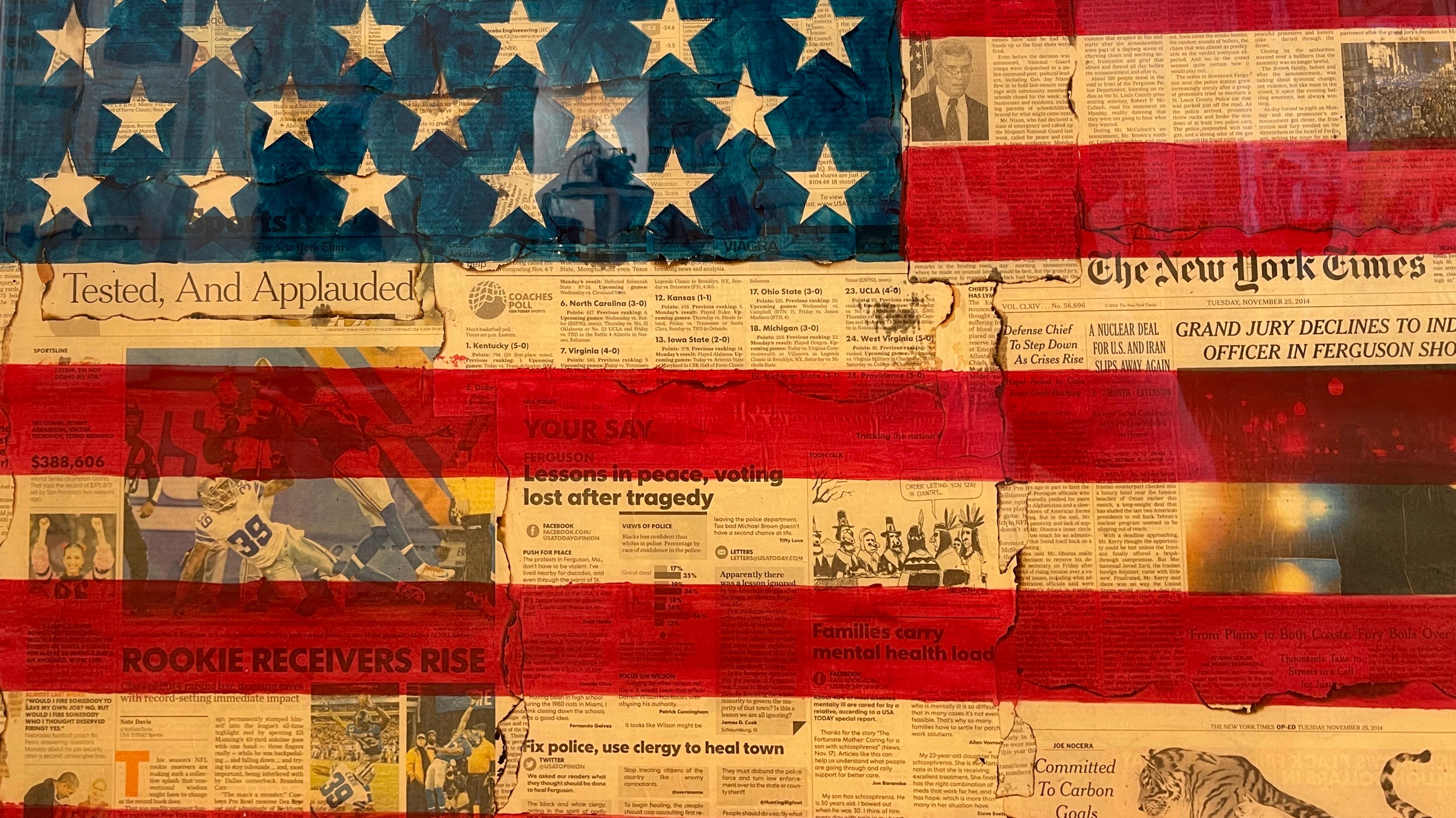 No Charges - American Flag Painting over Vintage Newsprint Photo Collage For Sale 1
