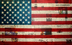 No Charges - American Flag Painting over Vintage Newsprint Photo Collage