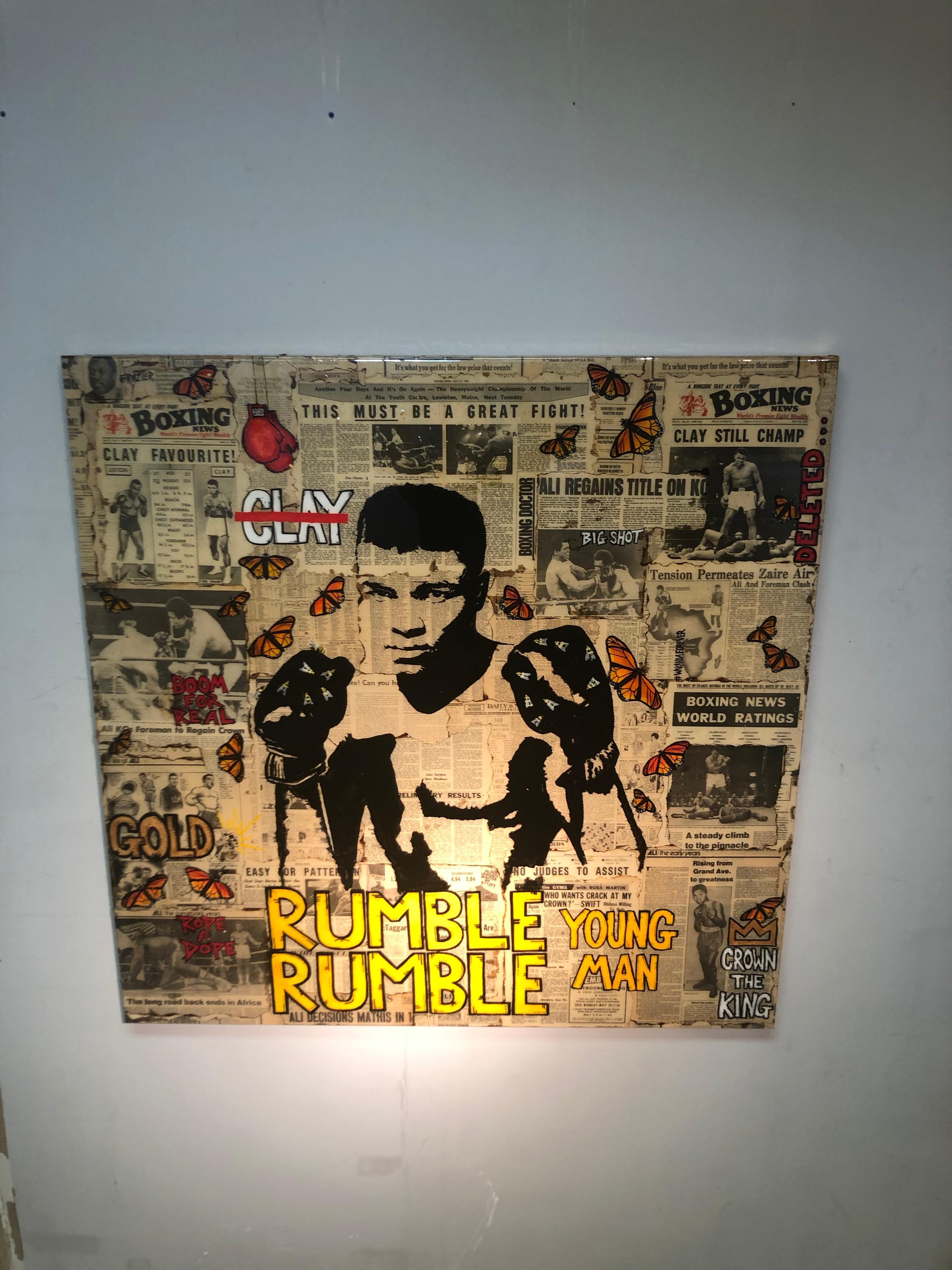 Rumble Young Man - Muhammad Ali, Pop Art Photo Collage with Vintage Newsprint - Photograph by Patrick Burns