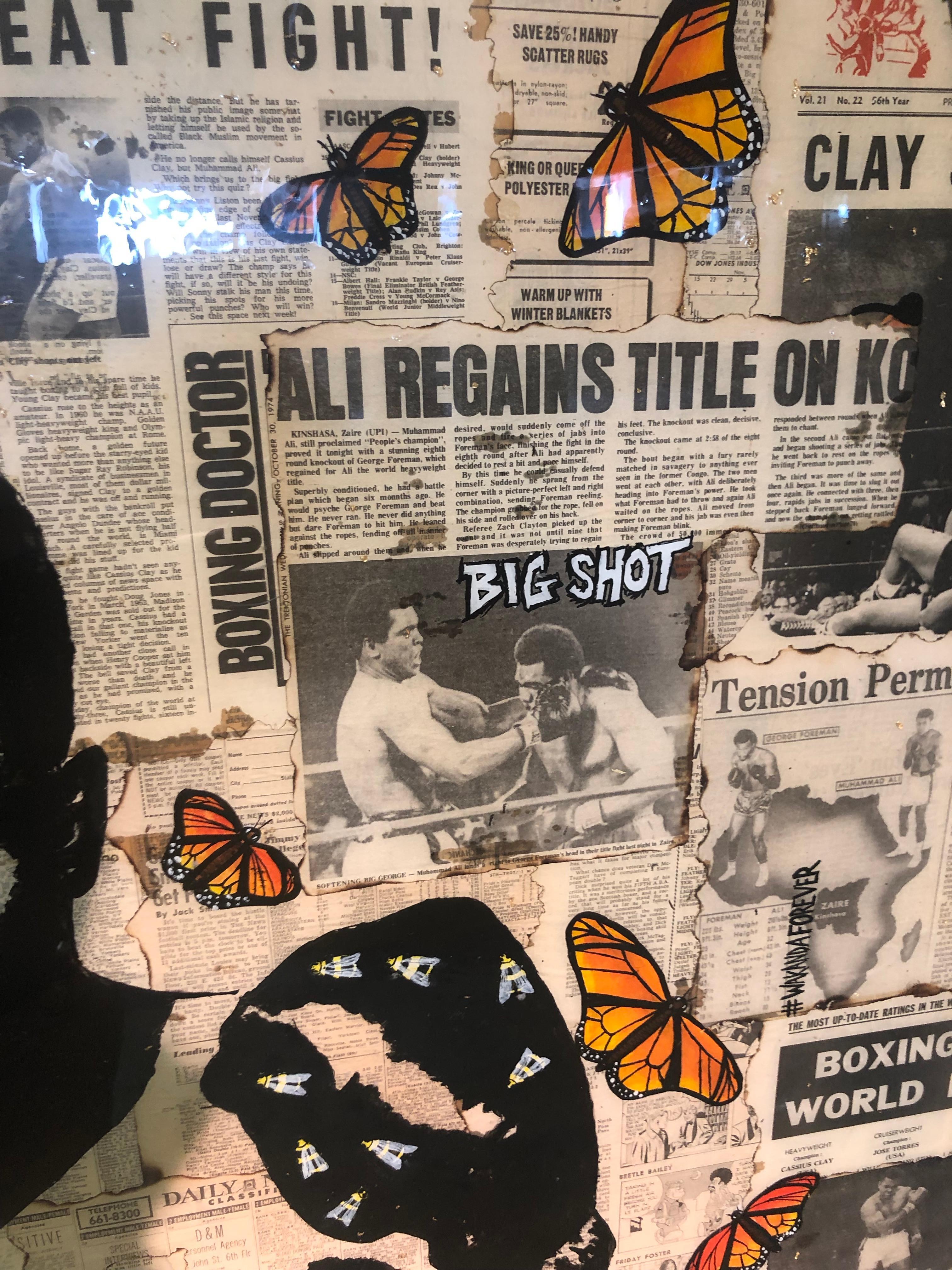 Using vintage newspapers, Patrick Burns captures some highlights from Muhammad Ali's career.  The newspapers are layered with acrylic paint and polymer resin to create a visual time capsule.  

Patrick Burns
b. 1987, Cleveland, OH
	
Bio
I like to