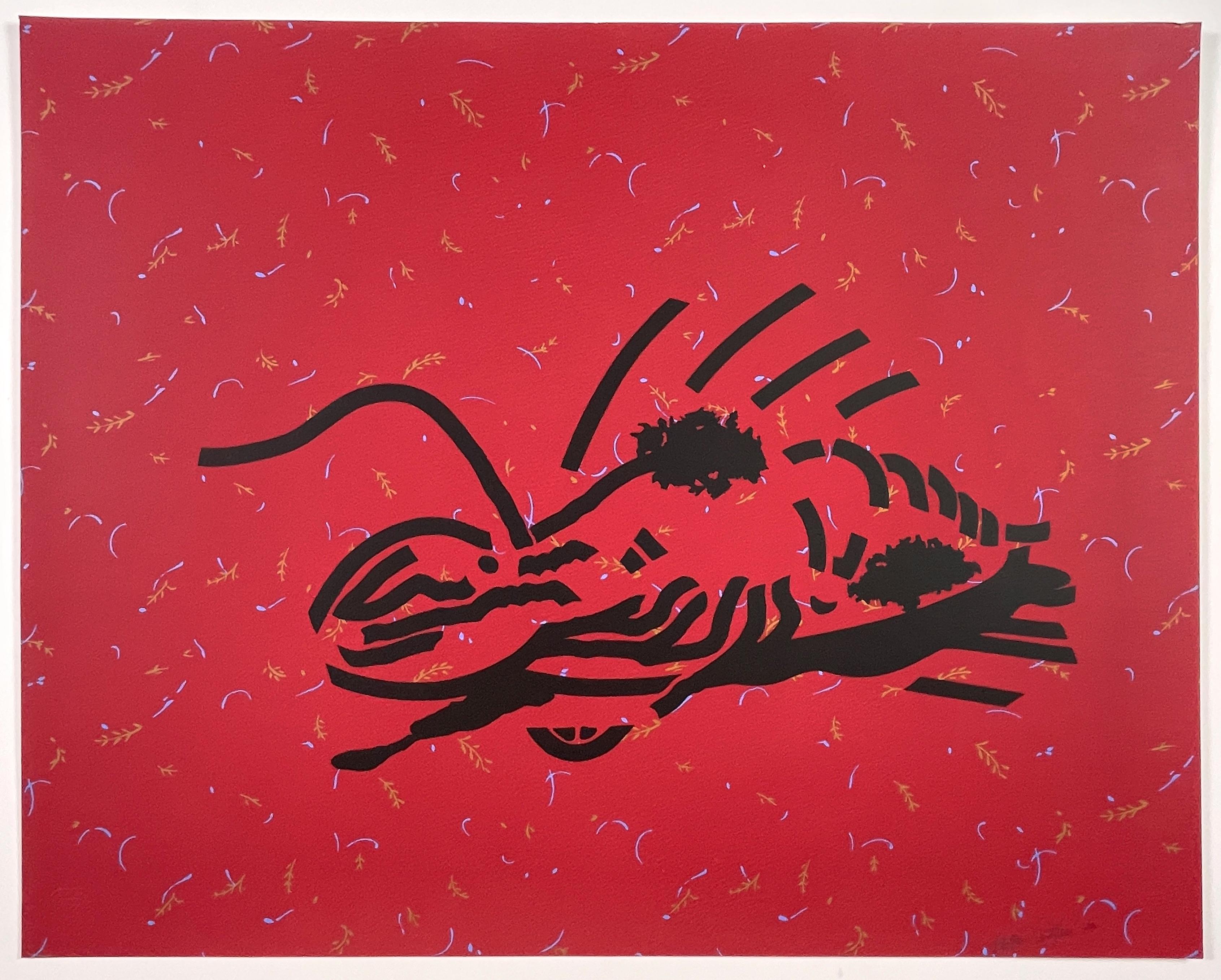 Patrick Caulfield's cheeky, Pop Art take on a seaside favorite, dressed lobster, abstracted in graphic black strokes atop a field of red decorated with tiny sprigs. Signed by the artist lower right in pencil. Embossed "K" chop lower left corner of