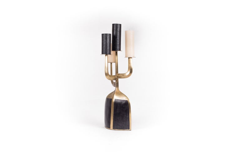 Art Deco Candelabra in Bronze-Patina Brass and Black Baguio Stone by Patrick Coard Paris For Sale