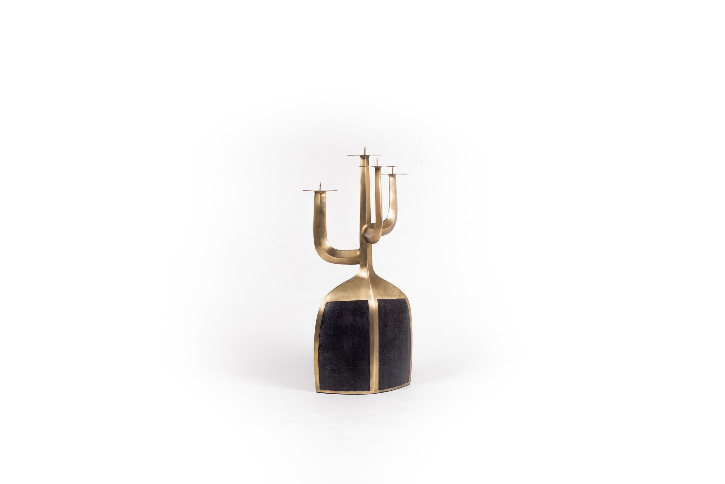 Hand-Crafted Candelabra in Bronze-Patina Brass and Black Baguio Stone by Patrick Coard Paris For Sale