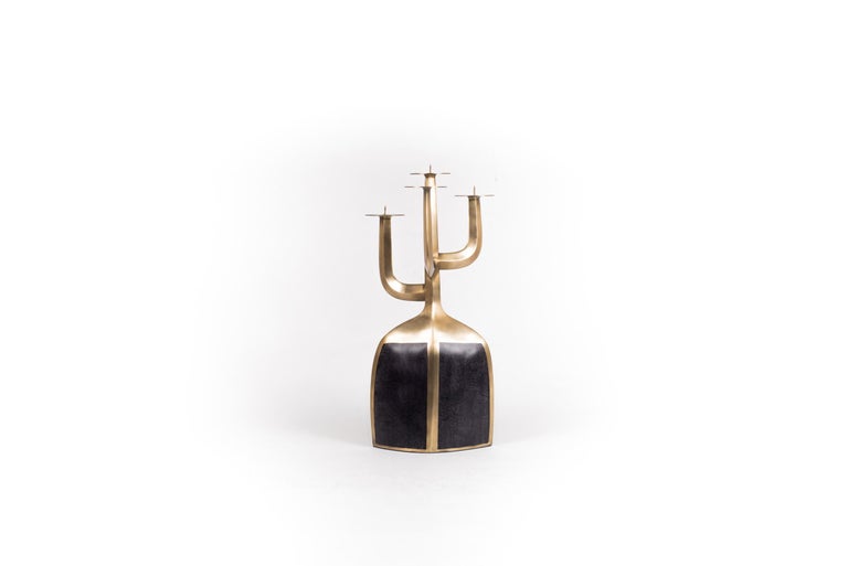 Candelabra in Bronze-Patina Brass and Black Baguio Stone by Patrick Coard Paris In New Condition For Sale In New York, NY