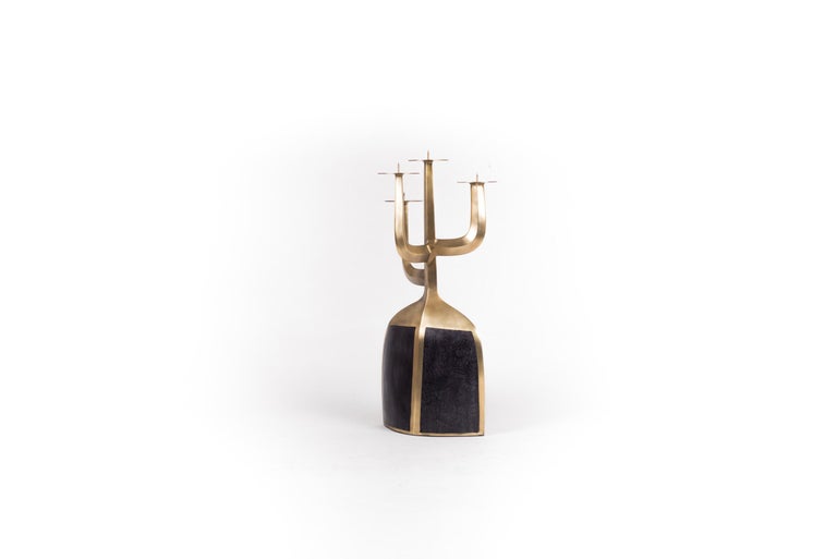 Contemporary Candelabra in Bronze-Patina Brass and Black Baguio Stone by Patrick Coard Paris For Sale