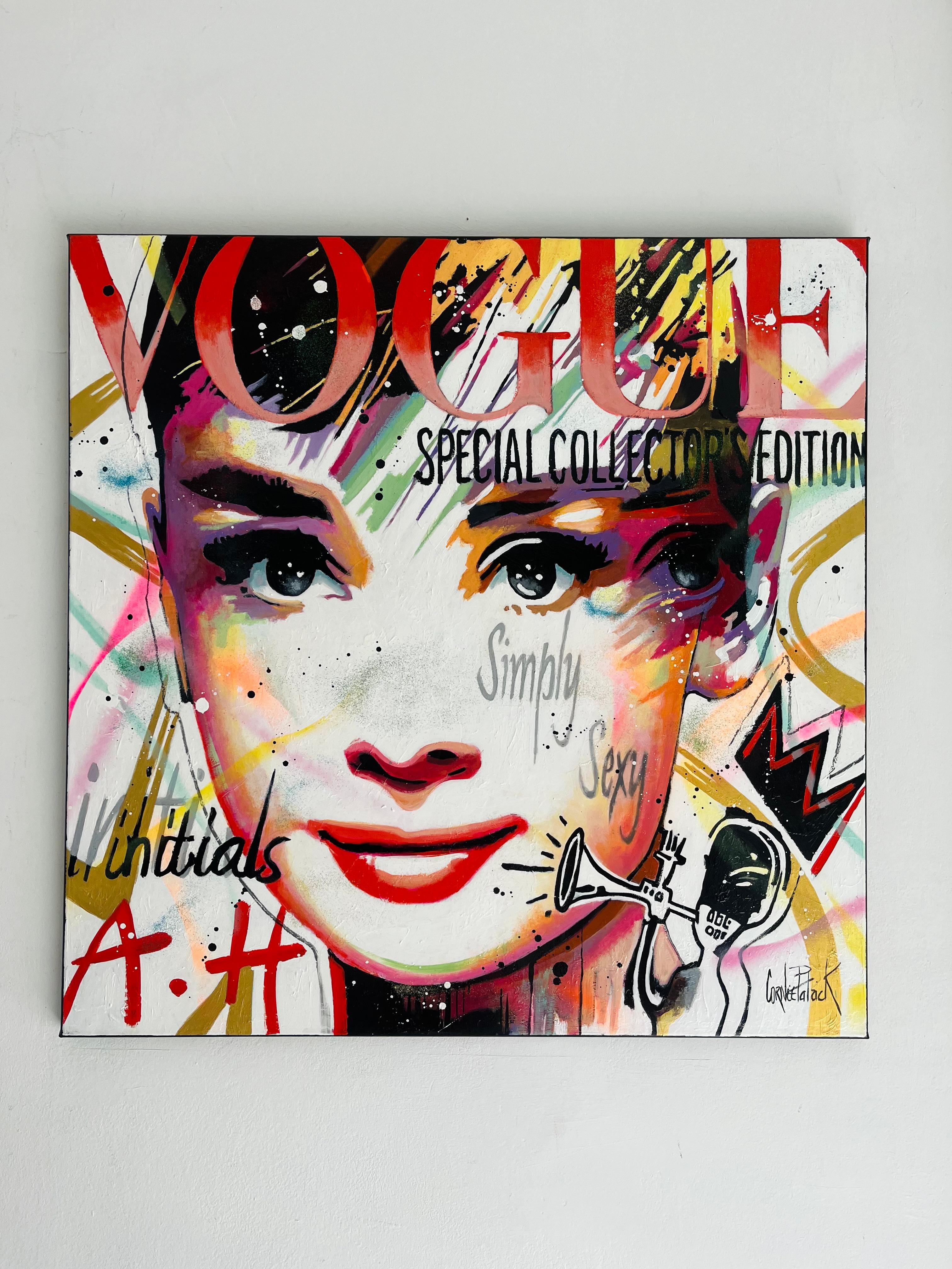 Audrey Hepburn -Vogue Red-original abstract pop art portrait painting-Artwork For Sale 1