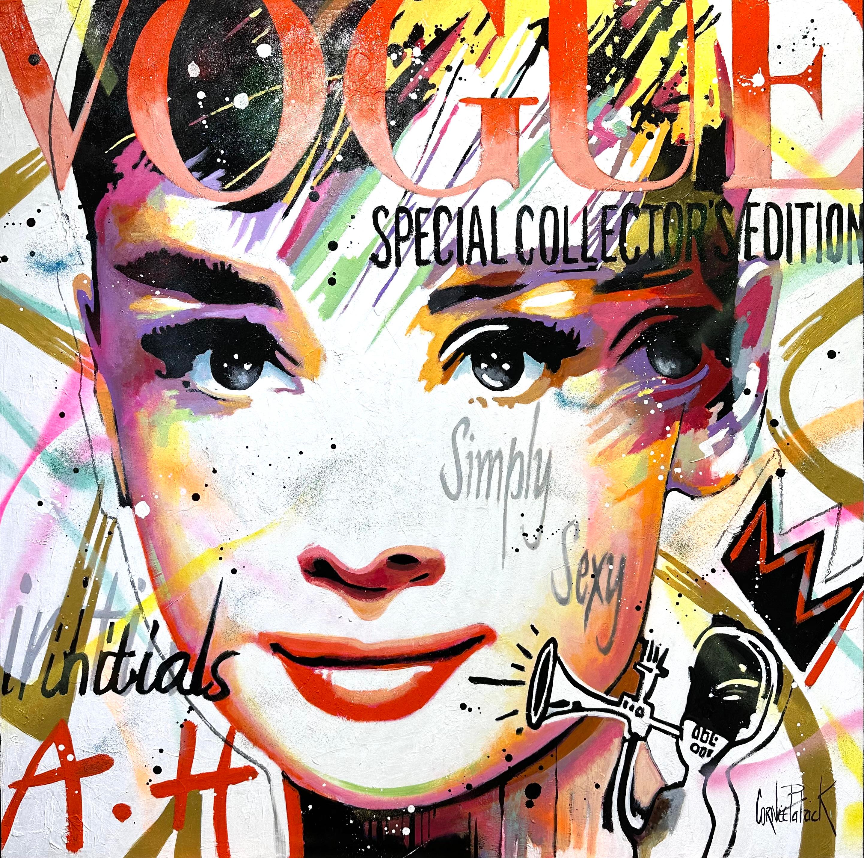 In Patrick Cornee's captivating artwork, "Audrey Hepburn -Vogue Red," the legendary actress Audrey Hepburn is immortalized in a vibrant celebration of style and sophistication. Set against a backdrop of pristine white canvas, Hepburn's iconic