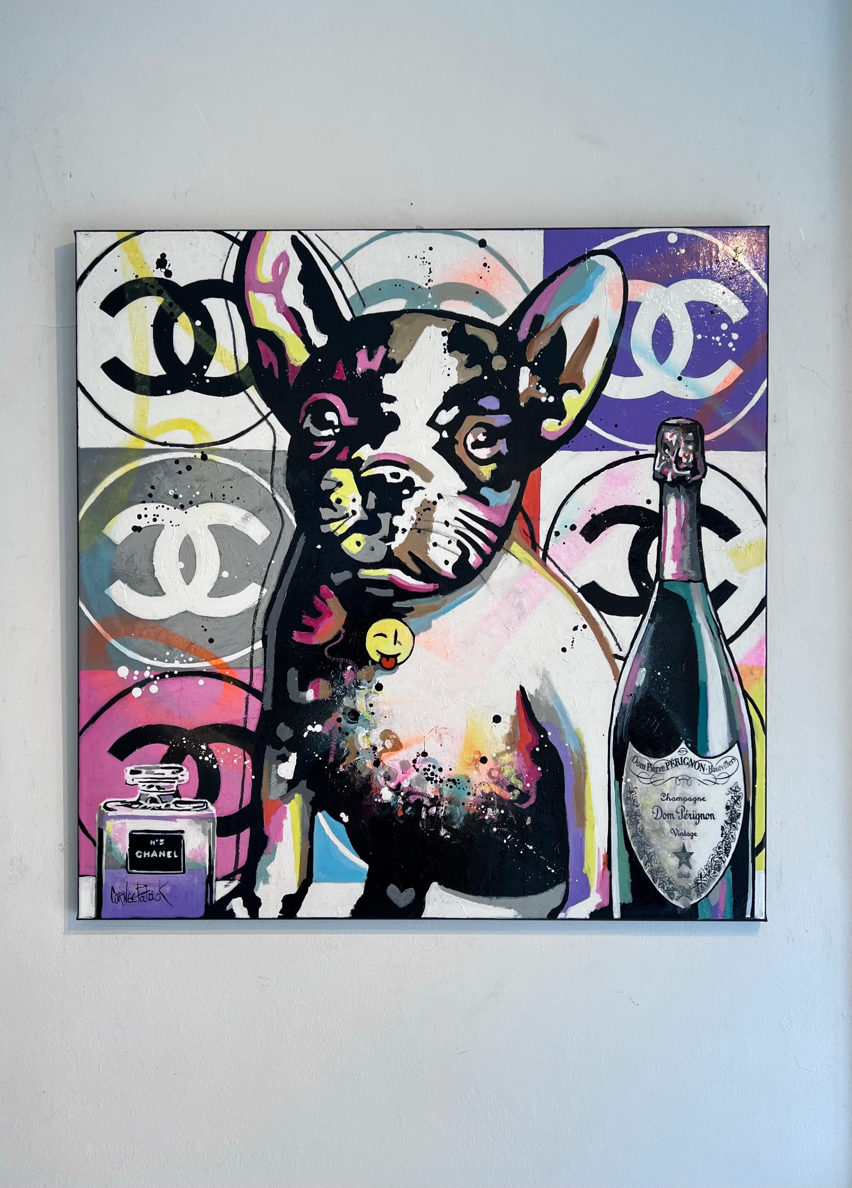  French Bulldog loves Chanel and Dom Pérignon-original abstract pop art-painting - Painting by Patrick Cornee