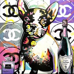  Französische Bulldogge liebt Chanel und Dom Pérignon-originelles abstraktes Pop-Art-Gemälde