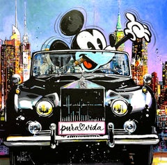Mickey drives a Rolls Royce in New York - original pop art painting, mixed media