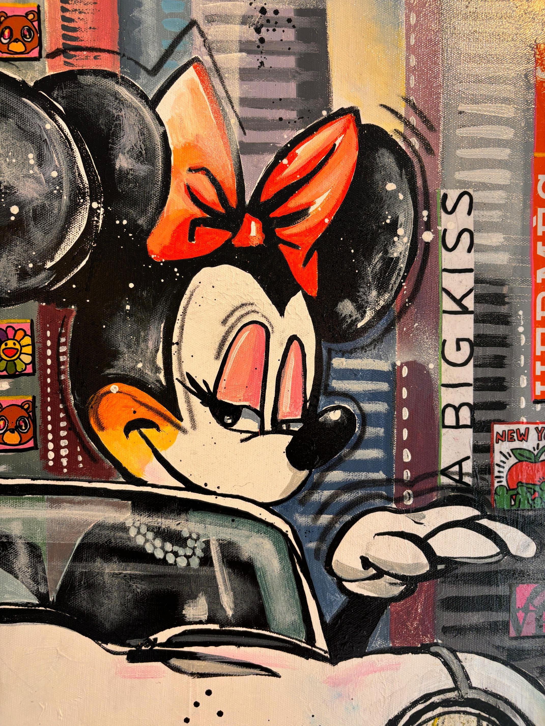 Minnie and Mickey, Big Kiss - original pop art painting - contemporary art For Sale 1