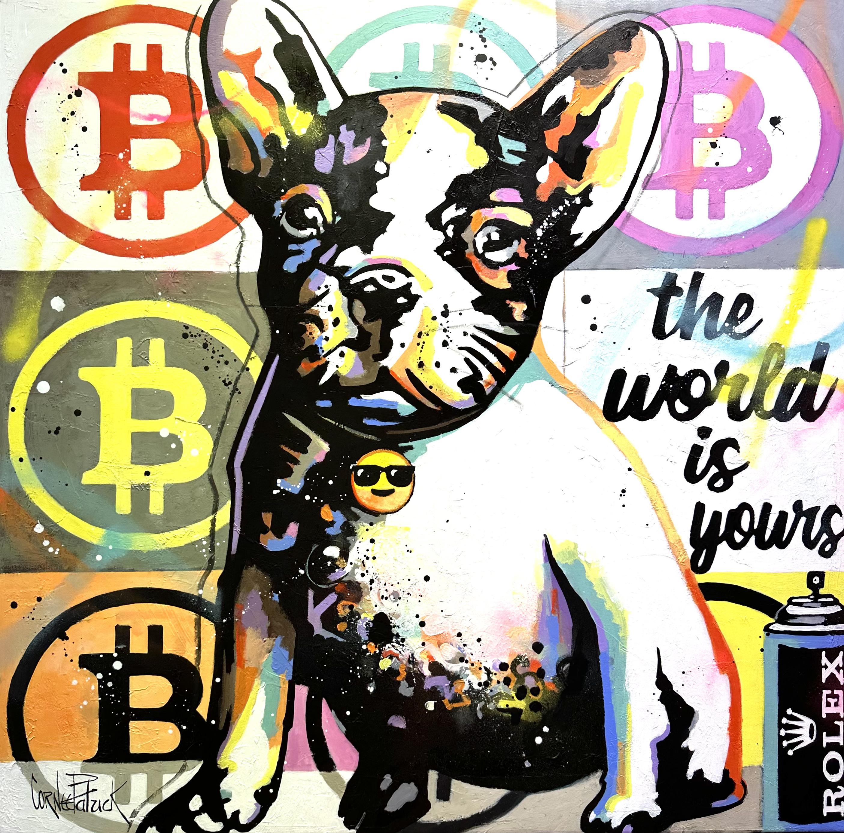 Patrick Cornee Abstract Painting – Meine französische Bulldogge liebt Rolex und Bitcoins – Original abstraktes Pop-Art-Gemälde