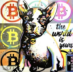 Meine französische Bulldogge liebt Rolex und Bitcoins – Original abstraktes Pop-Art-Gemälde