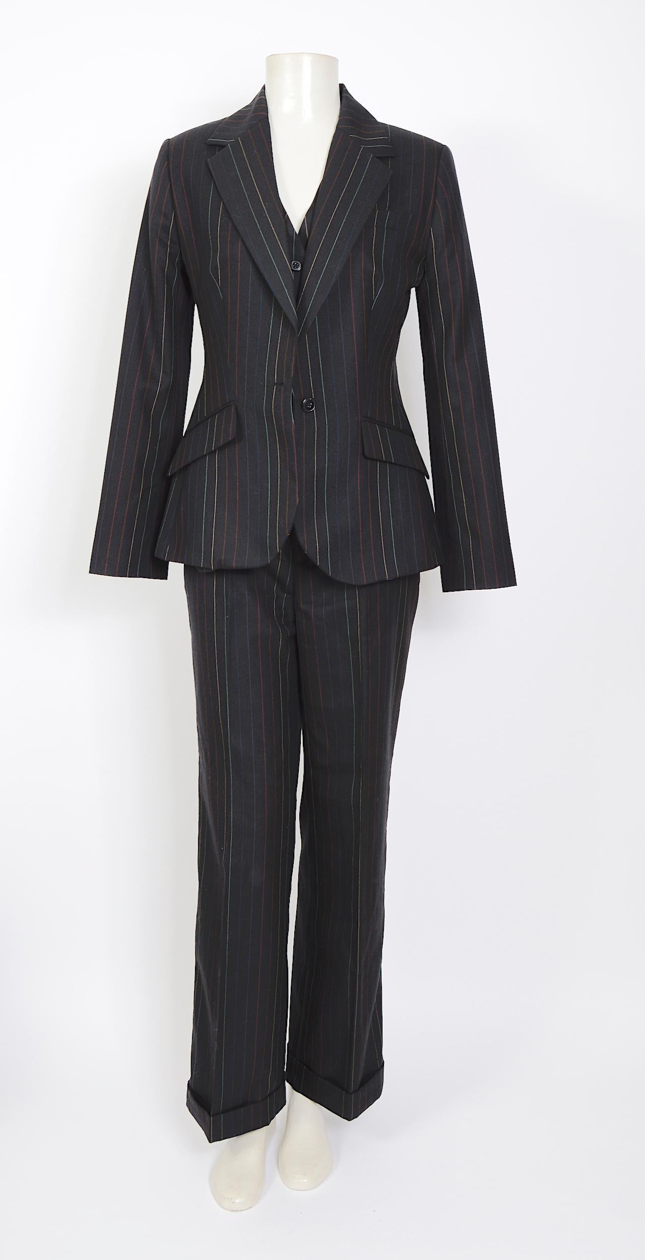 Patrick Cox vintage fall 1996 documented three piece colored pinstripe bleu suit For Sale 8