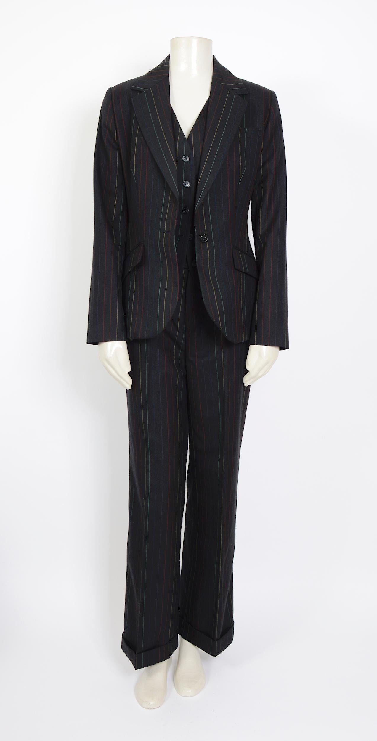 Women's Patrick Cox vintage fall 1996 documented three piece colored pinstripe bleu suit For Sale