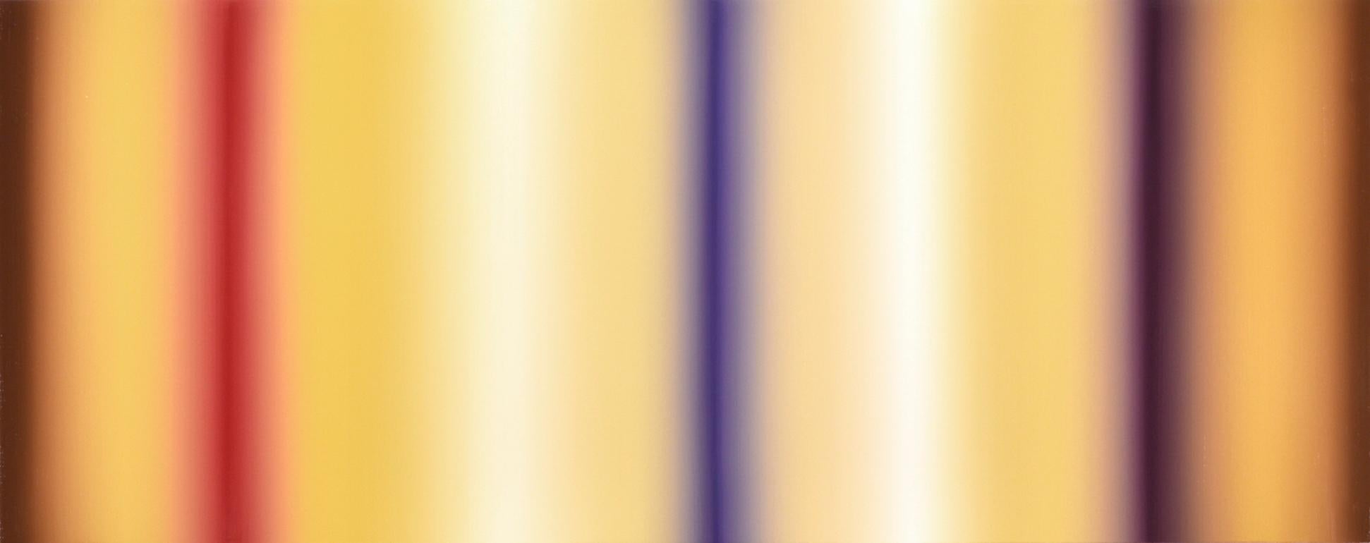 Abstract Painting di Patrick Dintino - Corona - grande pittura ad olio astratta a strisce gialle, blu e rosse in tonalità di terra
