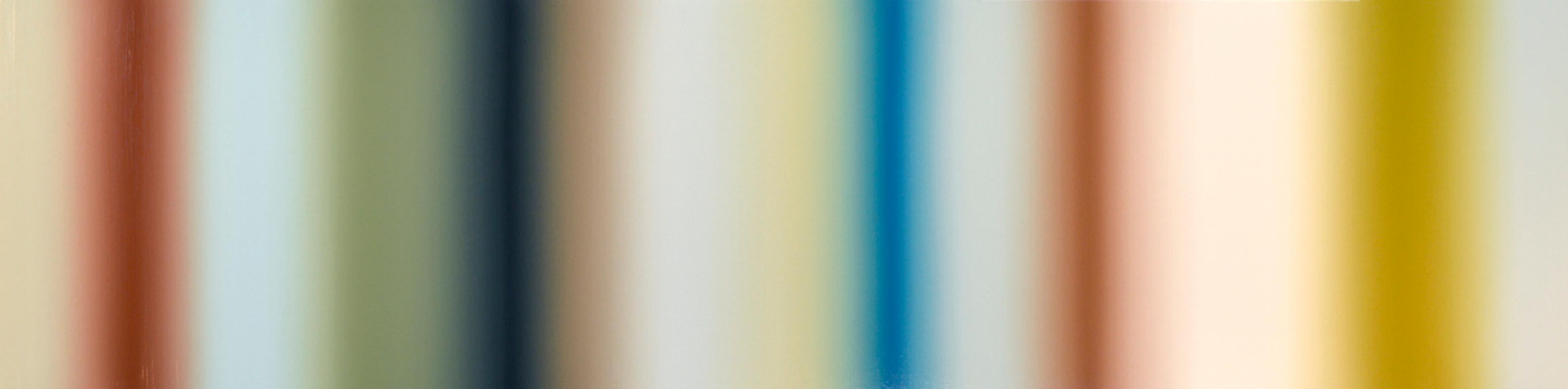 Patrick Dintino Abstract Painting – Großes abstraktes Ölgemälde in Erdtönen mit weißen, gelben und blauen Streifen