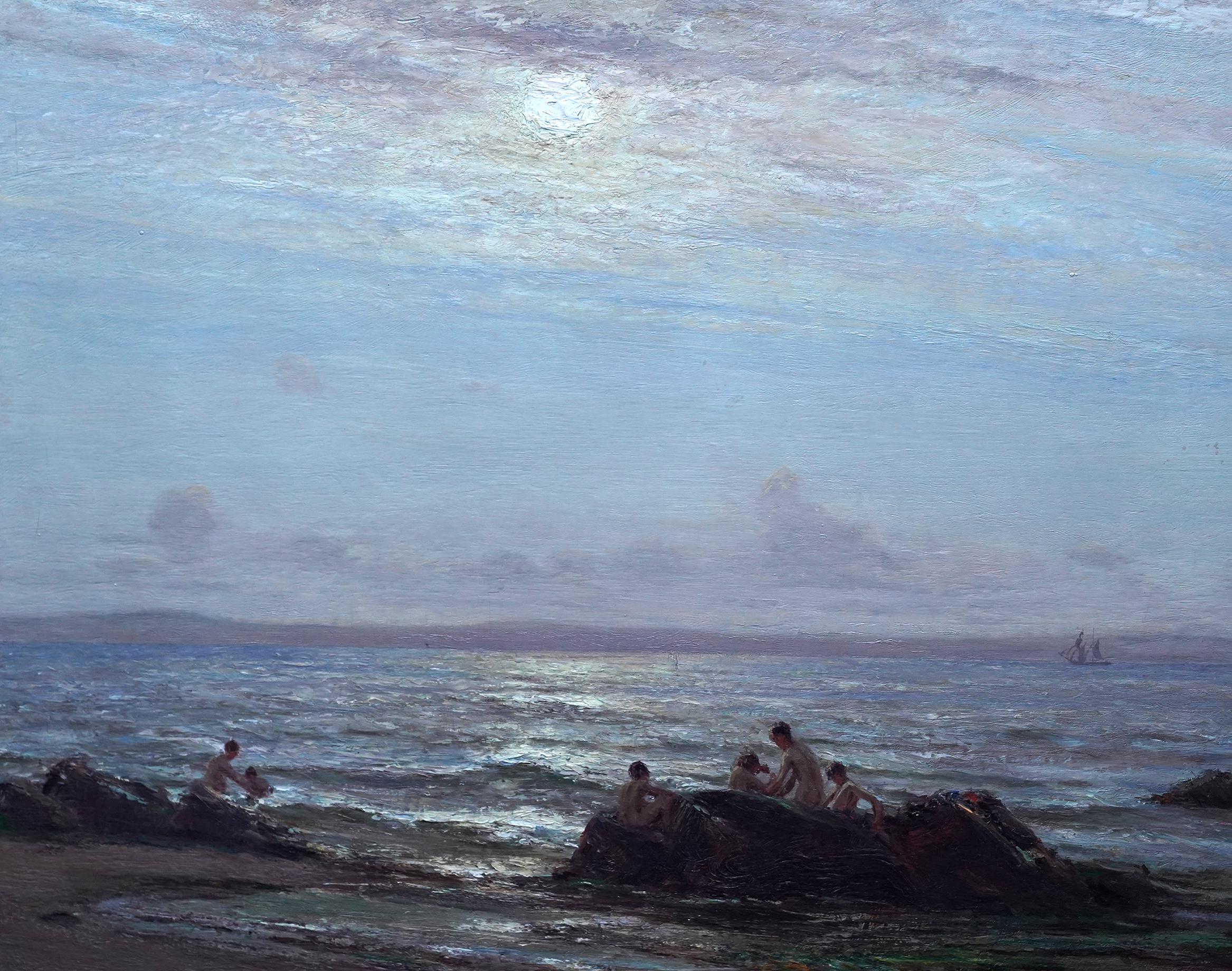This lovely Scottish exhibited seascape oil painting is by noted Scottish artist Patrick Downie. It was painted in 1914 and exhibited at the Glasgow Institute of Fine art that year entitled A Summer Afternoon - Firth of Clyde. The composition is a