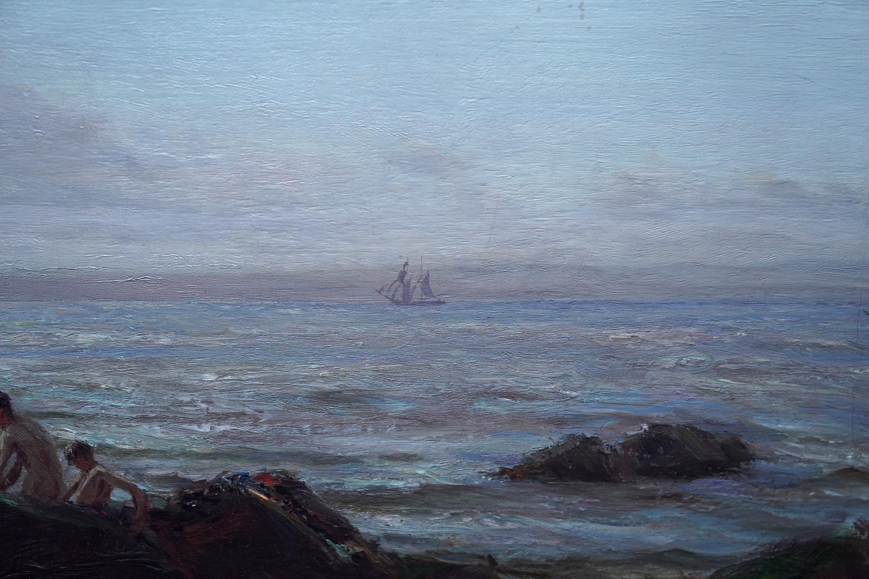This lovely Scottish exhibited seascape oil painting is by noted Scottish artist Patrick Downie. It was painted in 1914 and exhibited at the Glasgow Institute of Fine art that year entitled A Summer Afternoon - Firth of Clyde. The composition is a