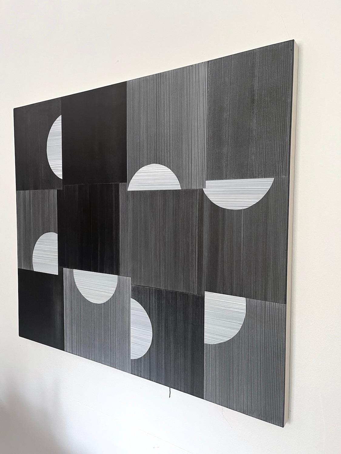 <p>Artist Comments<br>Artist Patrick Duffy creates an abstract dialogue between the imagination and the fundamentals of all things space. He paints half-crescent moons emerging within linear forms in a geometric abstract. 