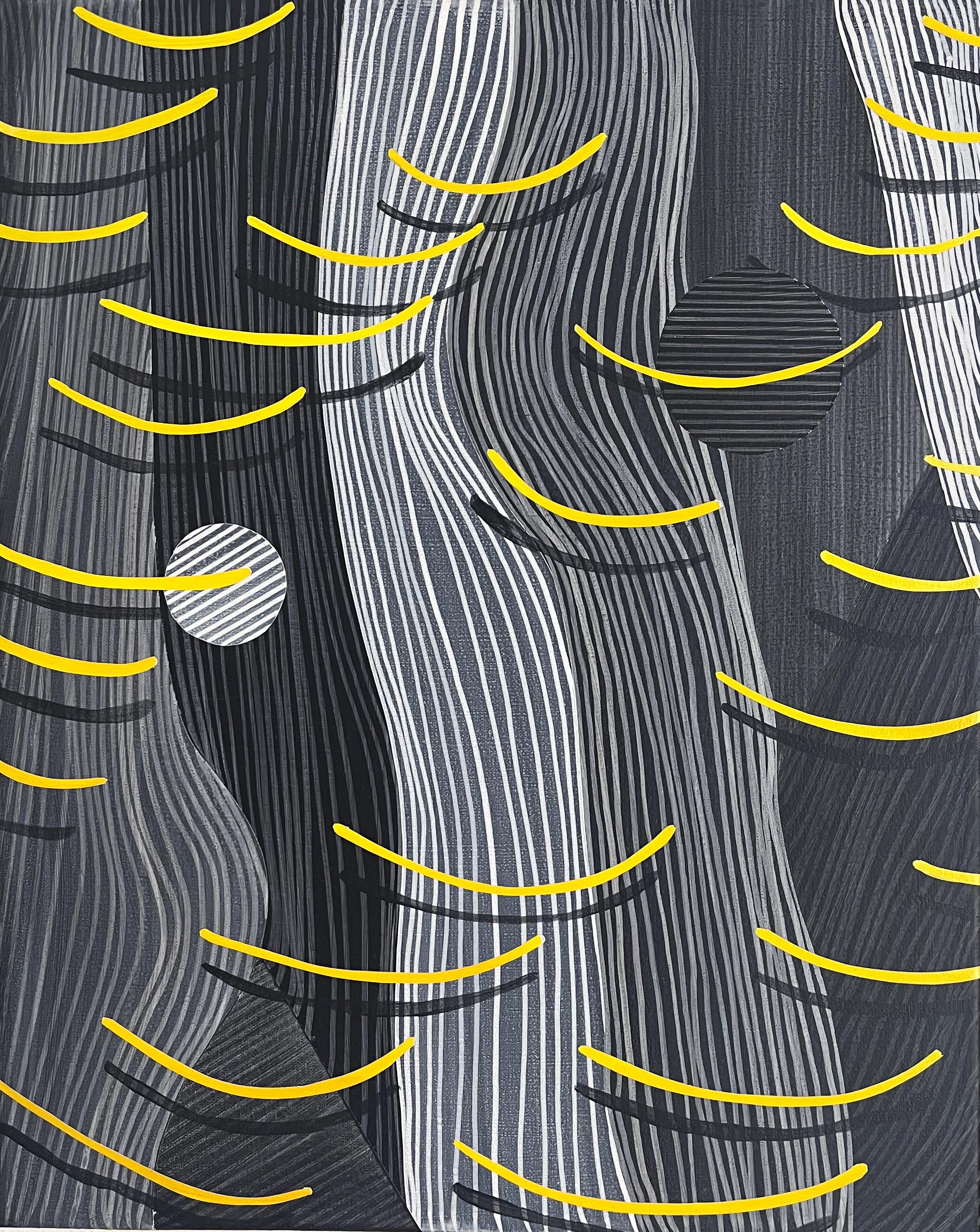 <p>Artist Comments<br>Rippling lines weave through a dark gray surface, with the two spheres and yellow curved strokes adding visual intrigue to the composition. The artwork represents a dialogue between imagination and breaking through the limiting