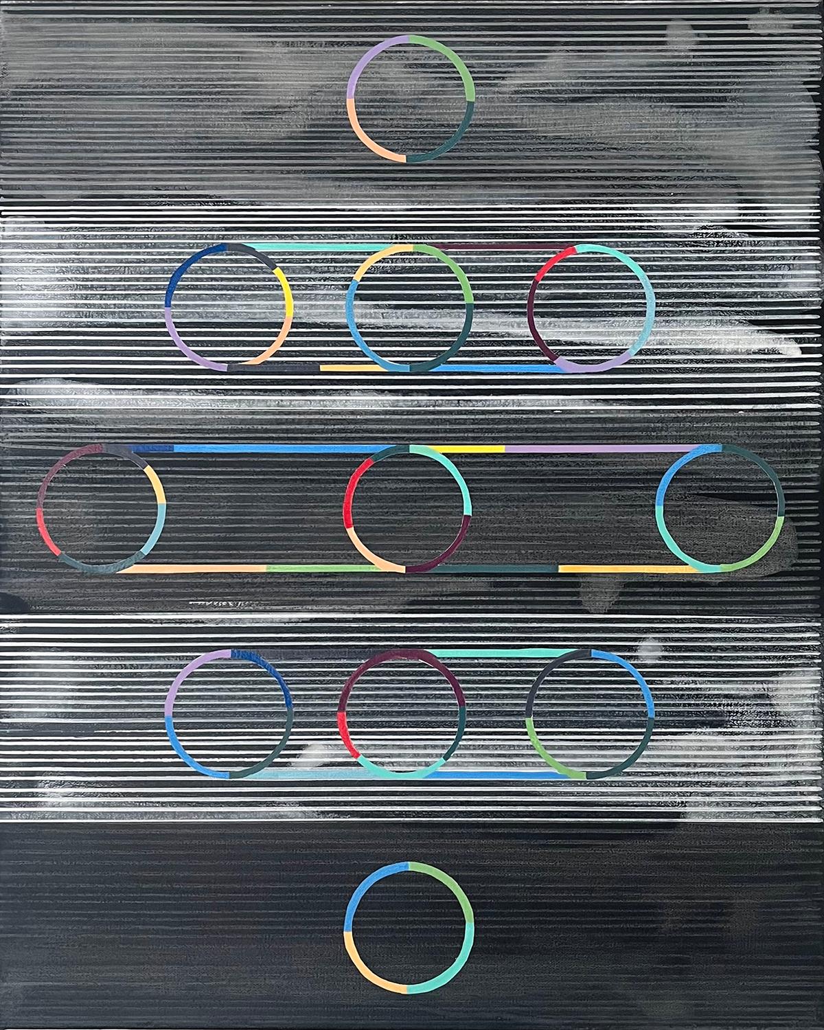 <p>Artist Comments<br>Colorful circles hover over a monochromatic background. The linear marks represent an acceleration of space, creating the illusion of stretched light. The composition engages a dialogue between imagination and breaking through