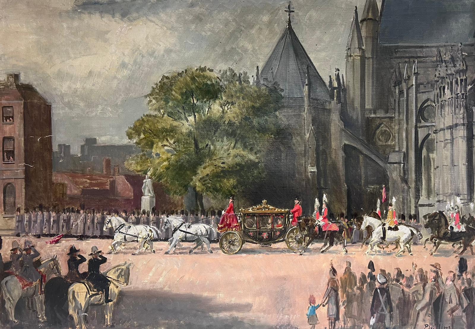 PATRICK EDWARD PHILLIPS  Landscape Painting - The Queen's Coronation 1953 Original British Oil Painting Canvas State Carriage