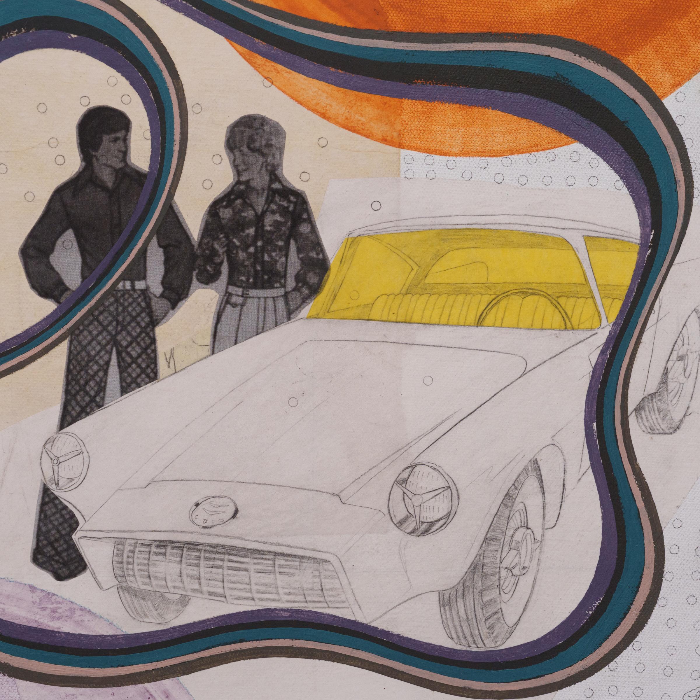 Cool Car, Colored Vinyl, & Circles - Gray Figurative Painting by Patrick Fitzgerald
