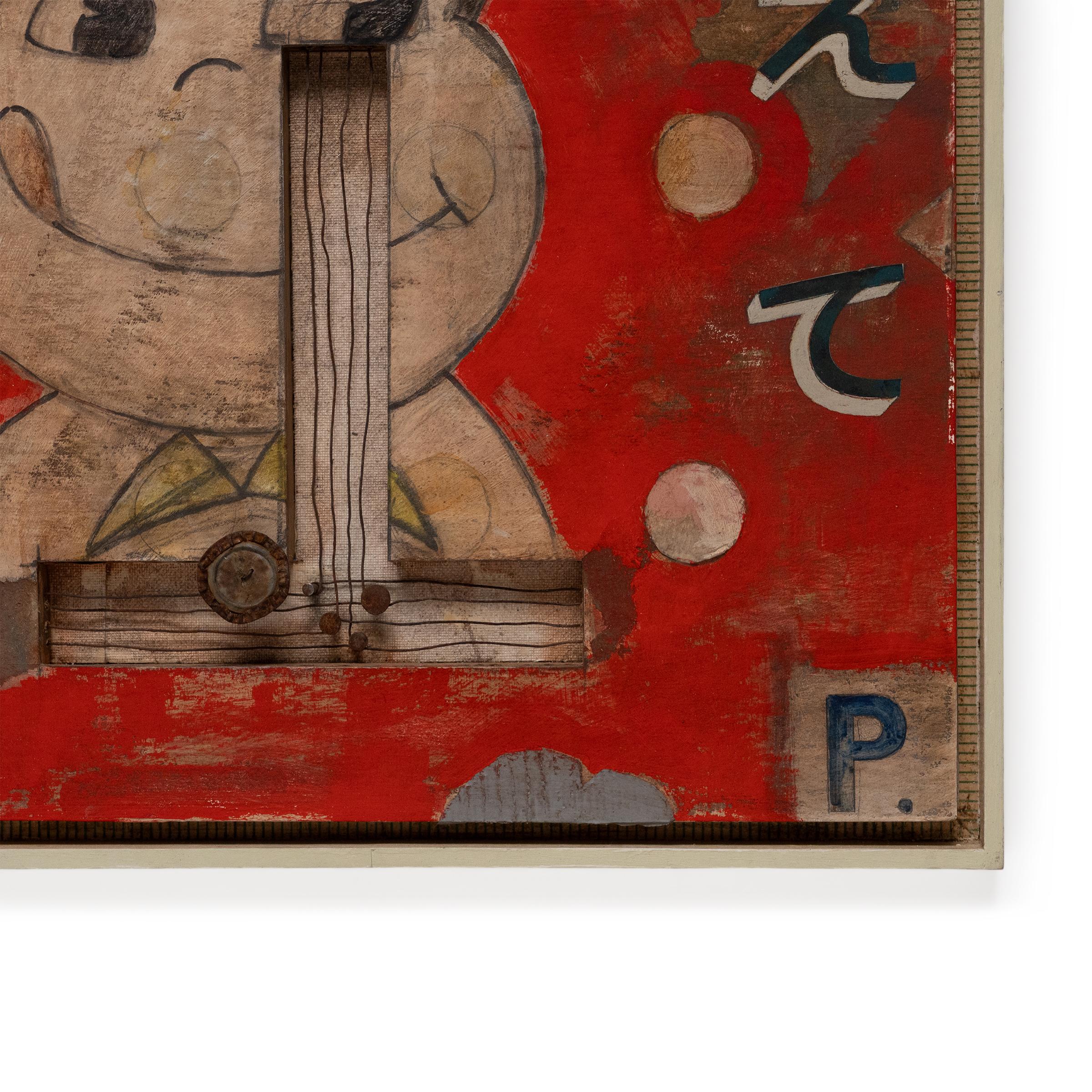 This mixed-media work by Chicago-based artist Patrick Fitzgerald layers cultural references and found elements for a composition at once wistful, playful and nostalgic. The central figure with a wide smile is 