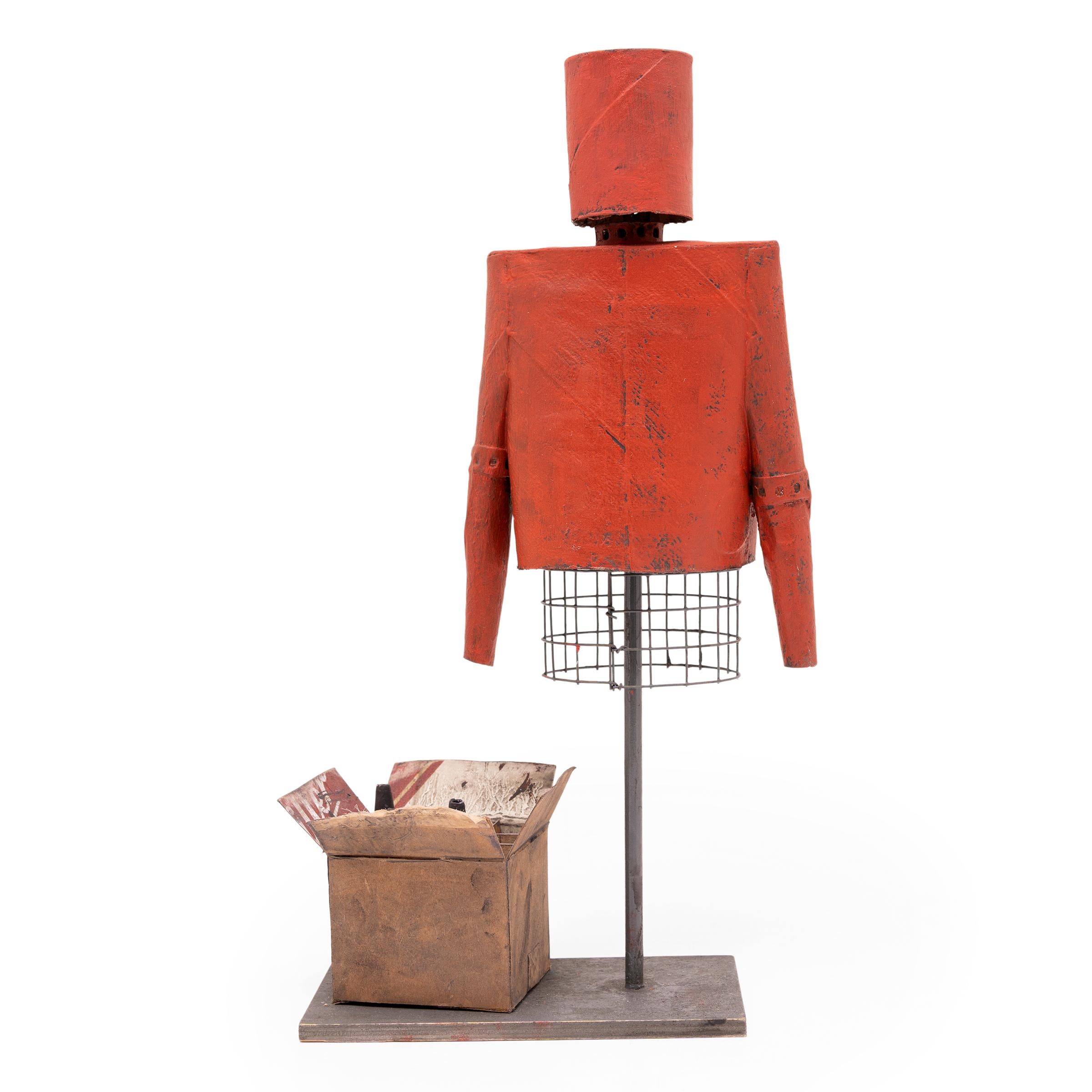 To Chicago-based artist Patrick Fitzgerald, his sculptures are a means of traveling through time. Working from found materials, Fitzgerald constructs miniature soap box cars and the branded attire of their imagined drivers. Futuristic forms imbued
