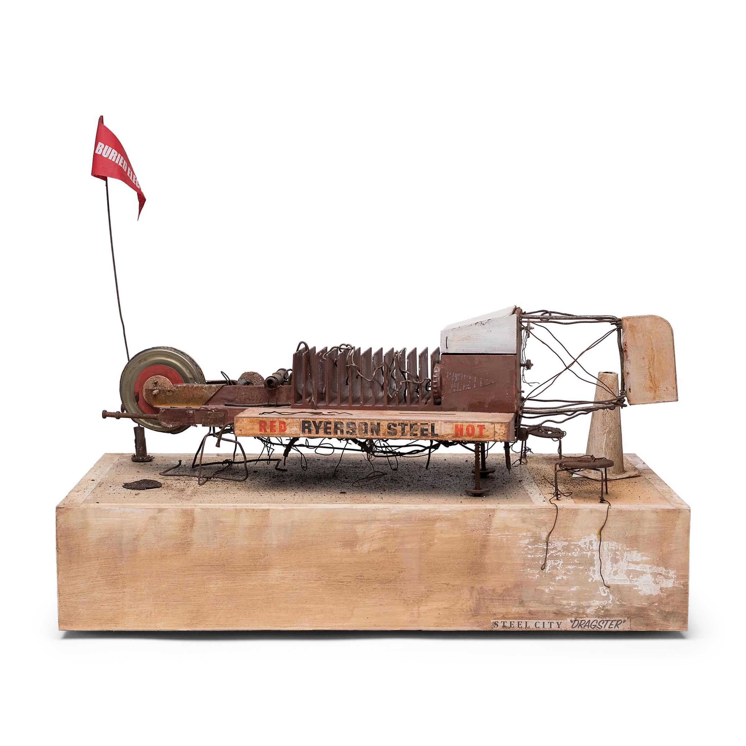 Patrick Fitzgerald Figurative Sculpture – "Steel City Dragster" Mixed-Media Sculpture