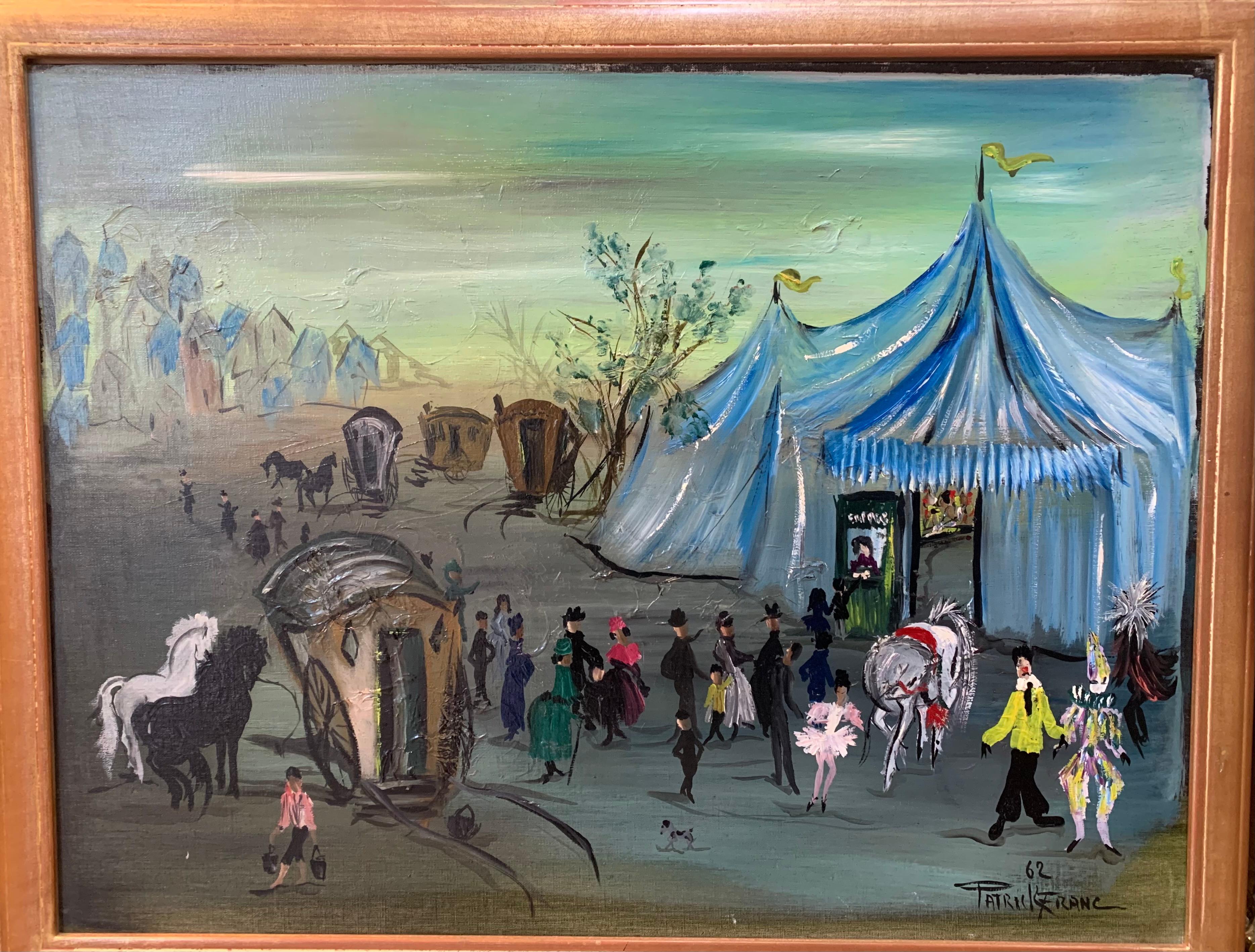The Circus, The Party Is Here! Oil On Board Signed Patrick Franc And Dated 1962 For Sale 1