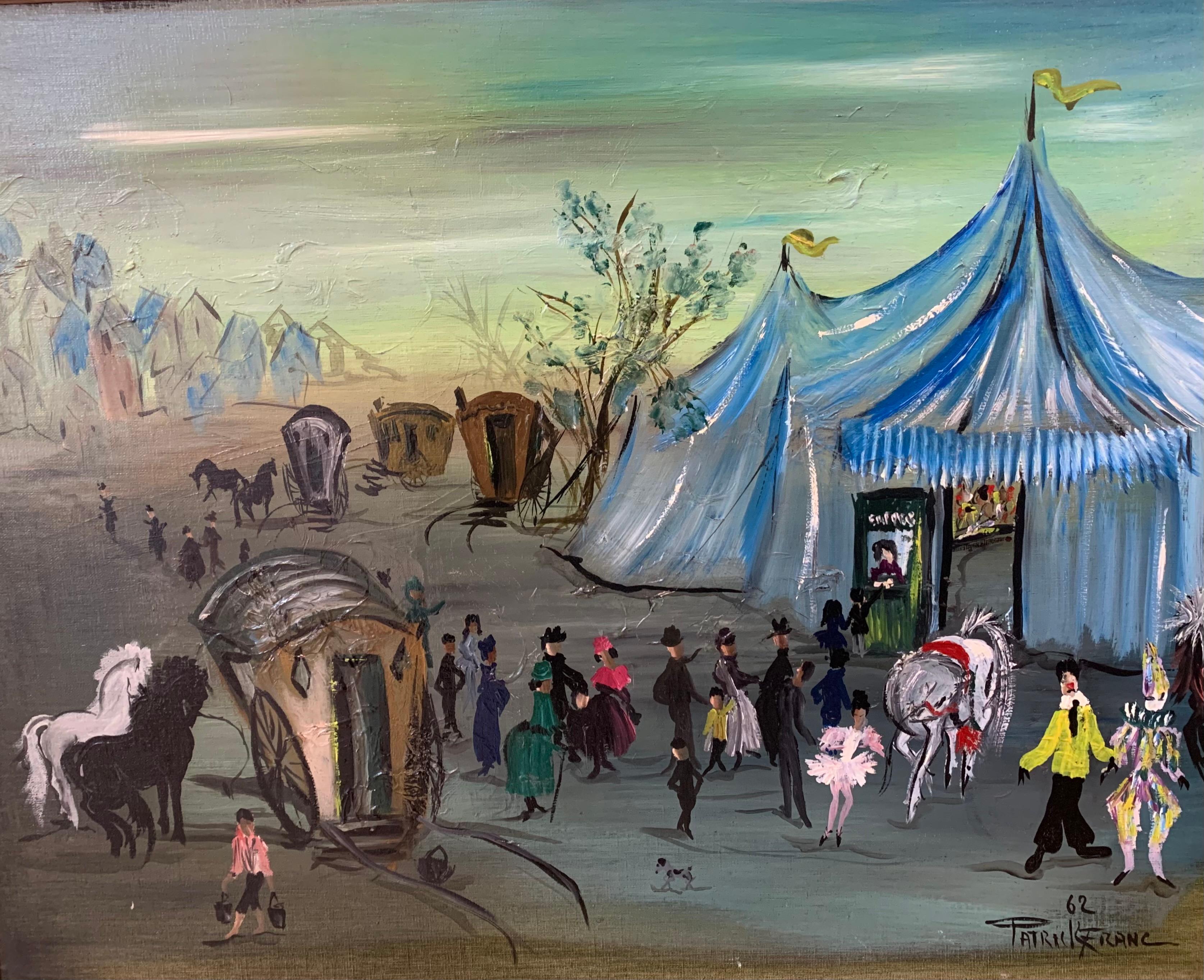 The Circus, The Party Is Here!

Oil on board signed bottom left Patrick Franc and dated 1962

Dimensions: 50 x 65 cm ( 19.685 x 25.591 inches)

Dimensions  with frame:  56 x 71 x 1 cm ( 22.047 x 27.953 x 0.394 inches)

Within its original