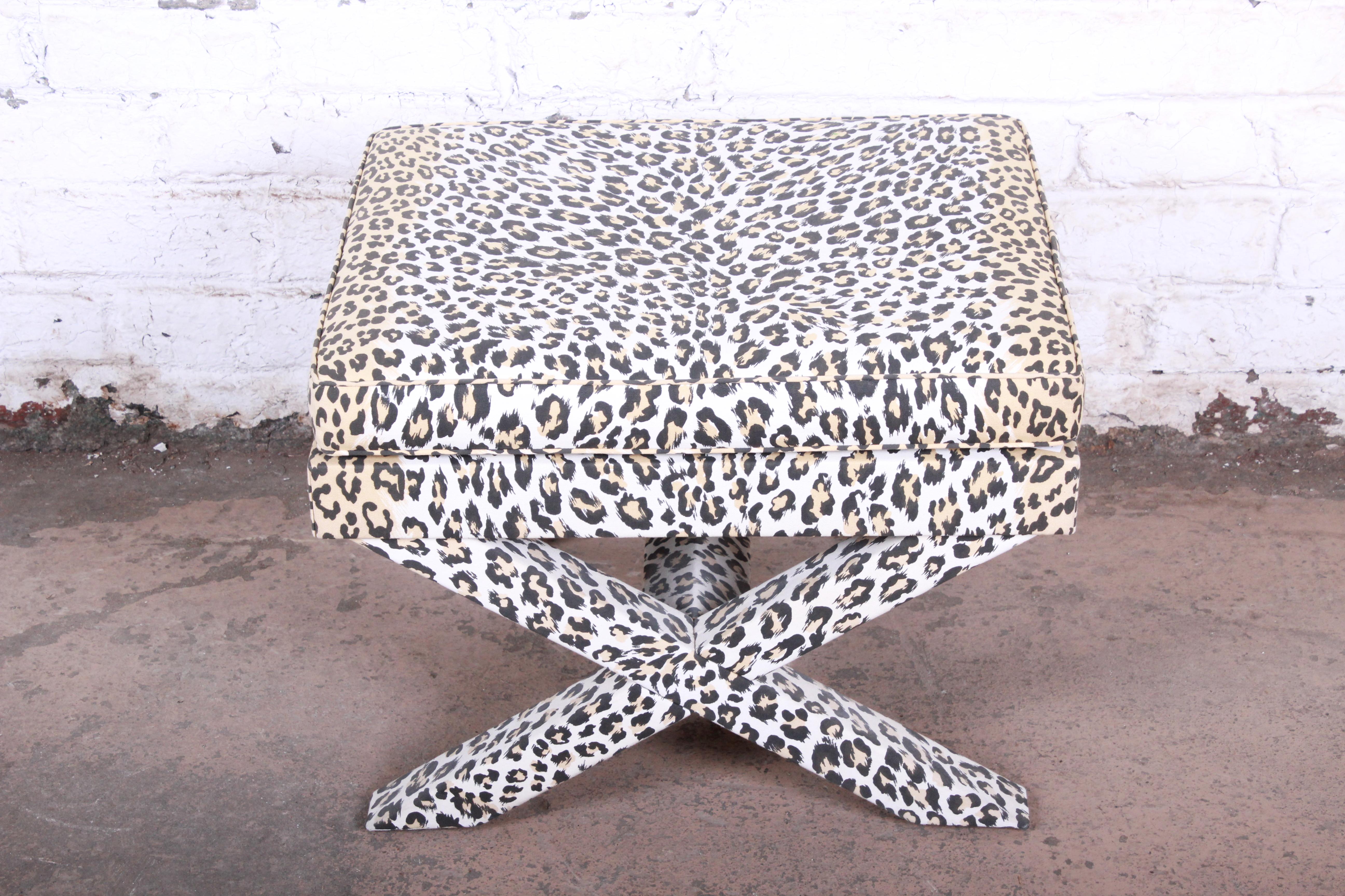 French X-base leopard stool or ottoman

Designed by Patrick Frey

Paris, France, circa 1990s

Custom leopard print upholstery

Measures: 23.75