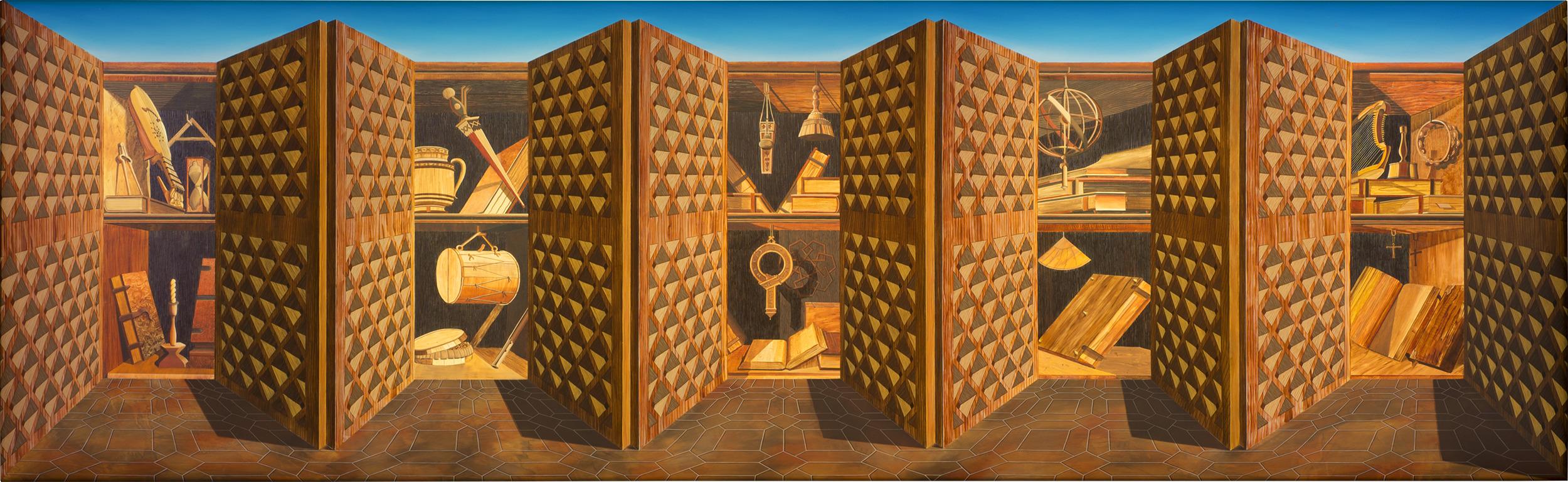 Patrick Hughes
b. 1939  British
A Study of the Studiolo

Oil on board construction

An exploration of the beauty and iconic qualities of Renaissance interiors,A Study of the Studiolo by Patrick Hughes displays a three-dimensional, illusionistic