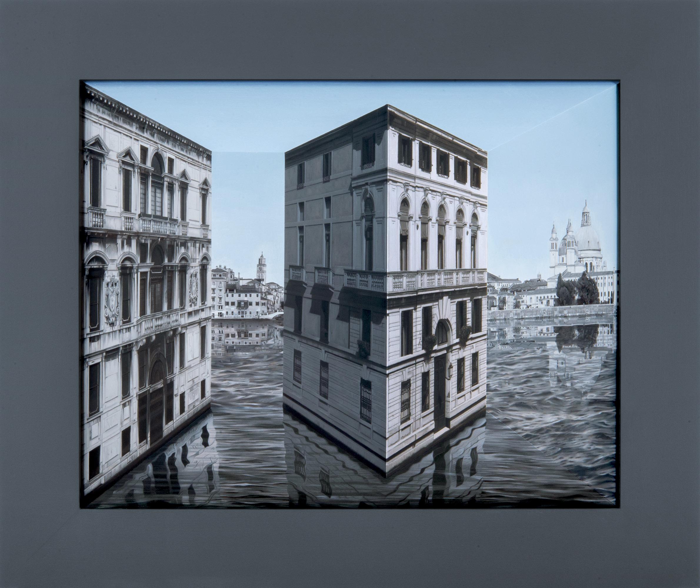 Patrick Hughes
b. 1939  British

Dark Light

Oil on board construction

Another success from British artist Patrick Hughes, Dark Light displays a three-dimensional cityscape of the famed Venetian canals, a motif for which Hughes has become renowned.
