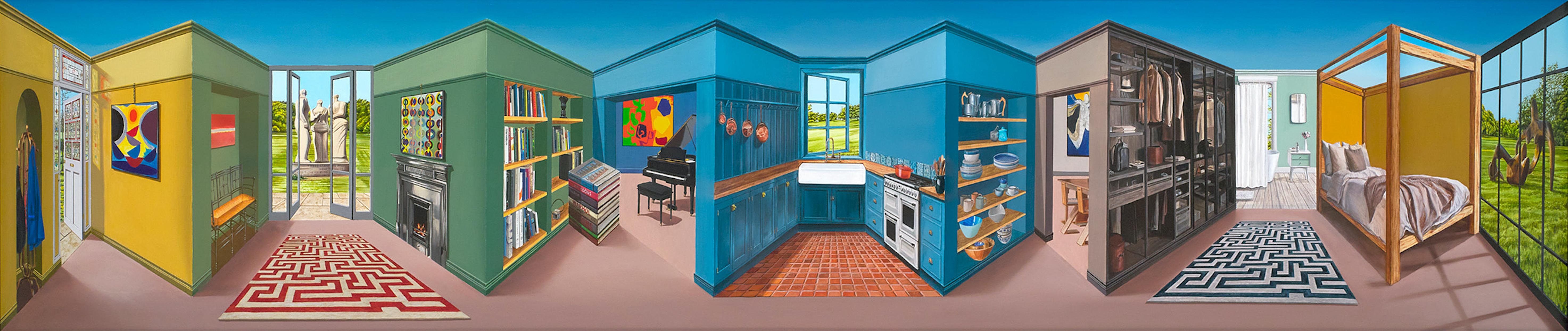 Patrick Hughes
b. 1939  British

Ideal Home

Oil on panel
Signed, titled and dated “Ideal Home / Patrick Hughes / 2023”

Patrick Hughes, a London artist, creates works that blend painting, sculpture and optical illusion, offering a dynamic visual