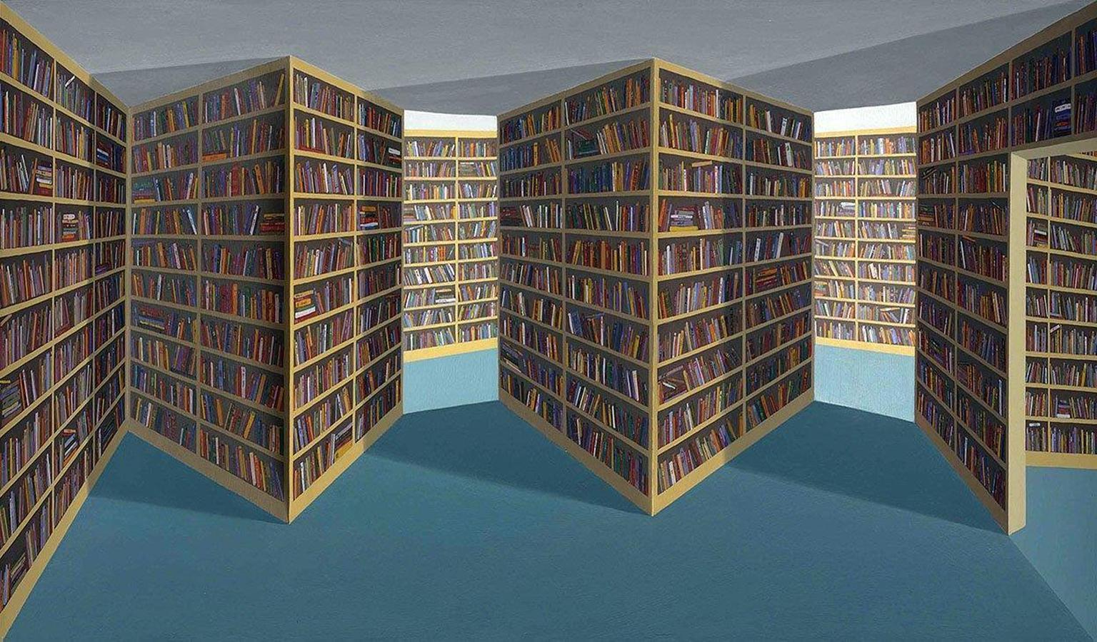 Patrick Hughes (b. 1939) Fiction Section, 1994, 3 D Picture signed, inscribed and dated 'Fiction Section/Patrick Hughes/1994' (on the reverse) (on the backboard) oil on board construction Paper size: 23.1/2 x 42.3/8 x 9.1/2 inches (59.6 x 107.6 x