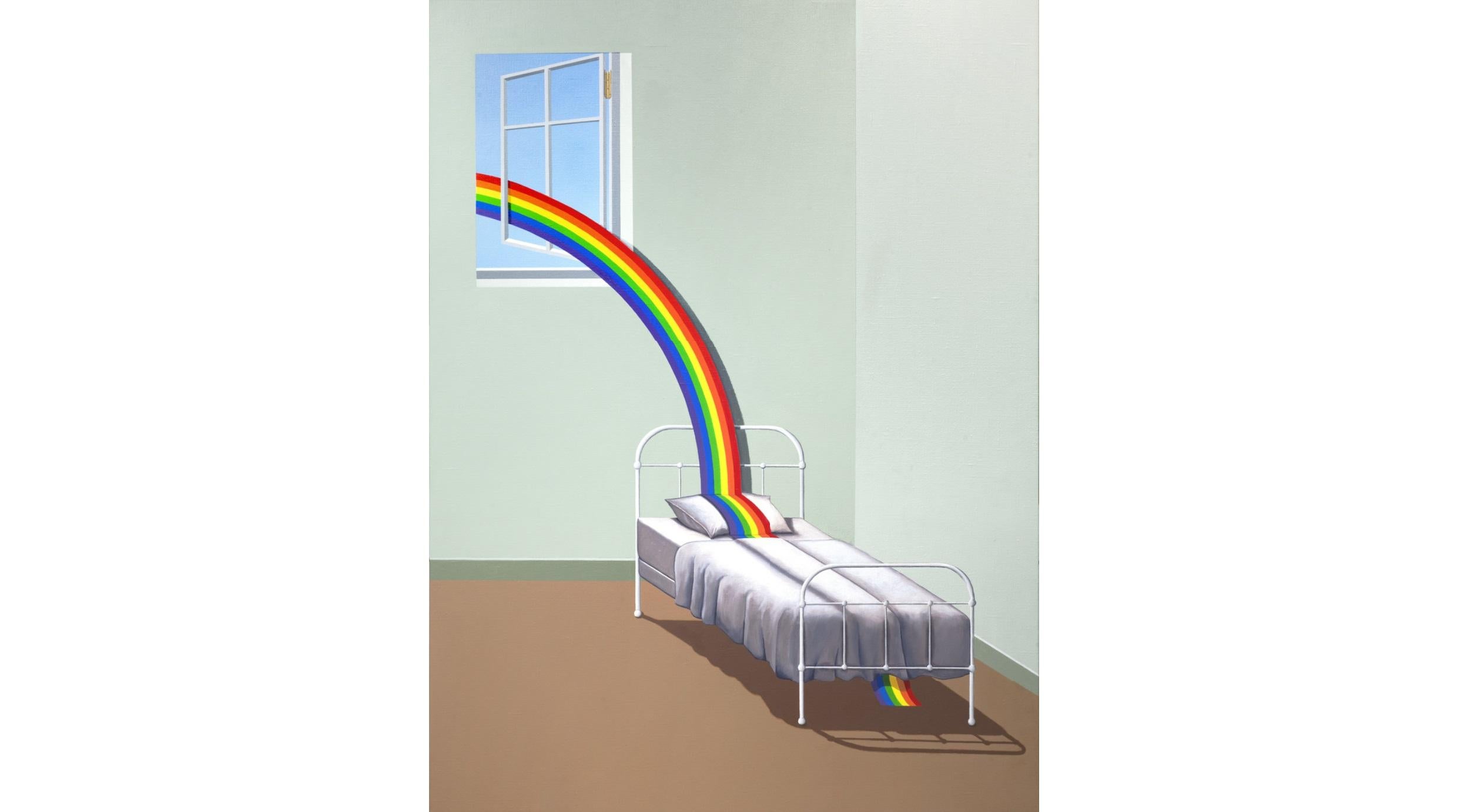 Rainbow Bed, Oil on Canvas Painting by Patrick Hughes, 2019

Patrick Hughes’s paintings and wall reliefs wittily address art history and the nature of perception and perspective. He invented an optical illusion called “reverspective,” a neologism