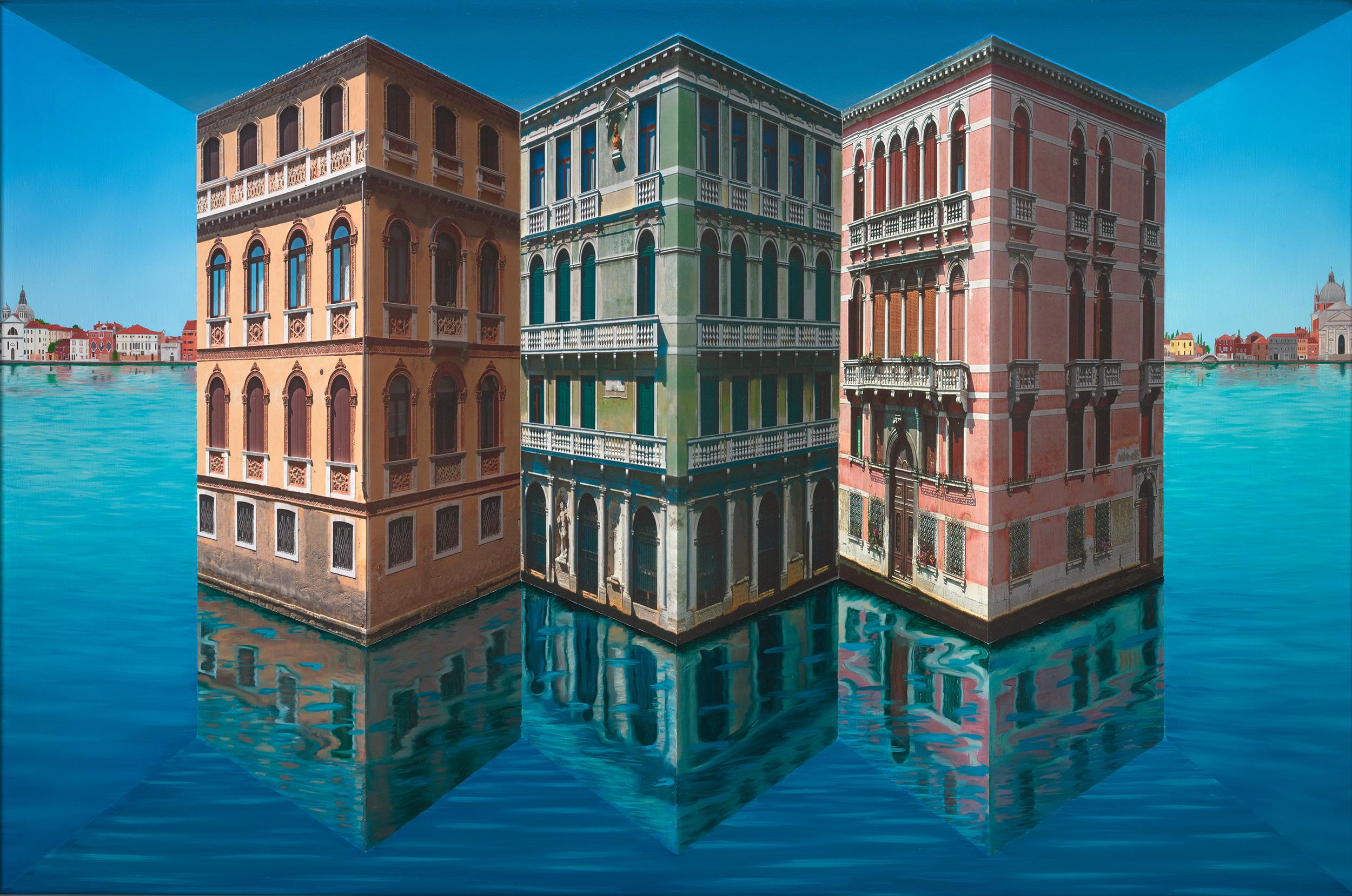 Patrick Hughes
b. 1939  British

The Floating City

Oil and collage on panel
Signed, titled, editioned and dated “The Floating City / 2/5 / Patrick Hughes / 2026” (en verso)

Part painting, part collage and part sculptural object, The Floating City